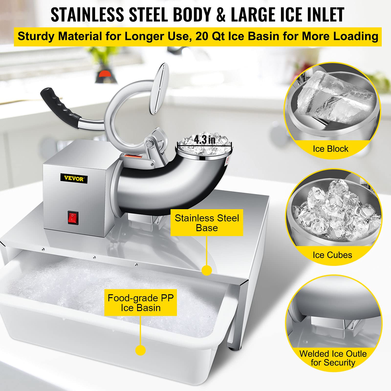 Vevor 110V Commercial Snow Cone Machine, 500Lb/H Commercial Snow Cone Maker, Electric Shaved Ice Machine W/Dual Blades, Stainles