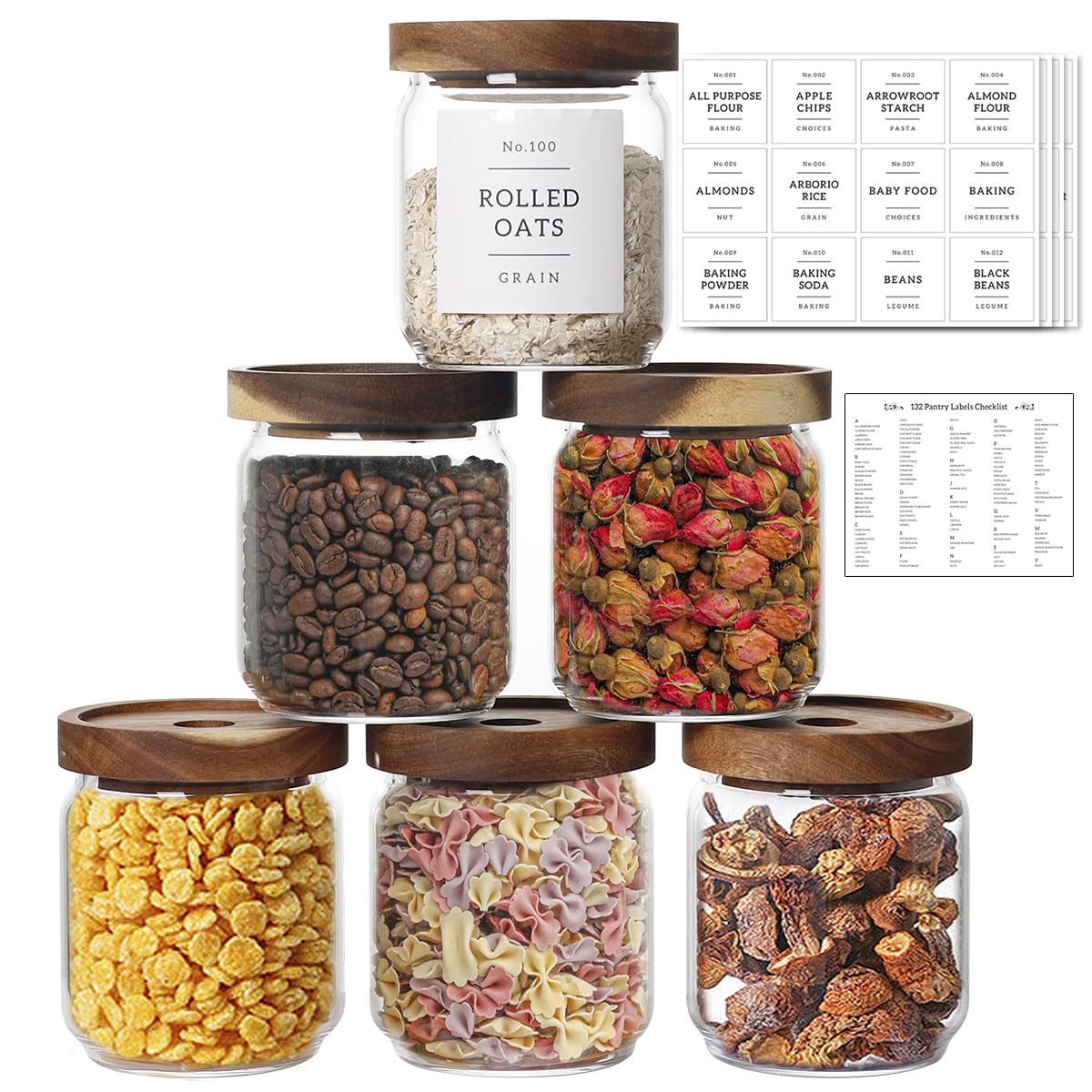 16 Oz Stackable Glass Food Storage Jars With 132 Pantry Labels Preprinted - 6 Pcs Thicken Glass Storage Containers With Airtight