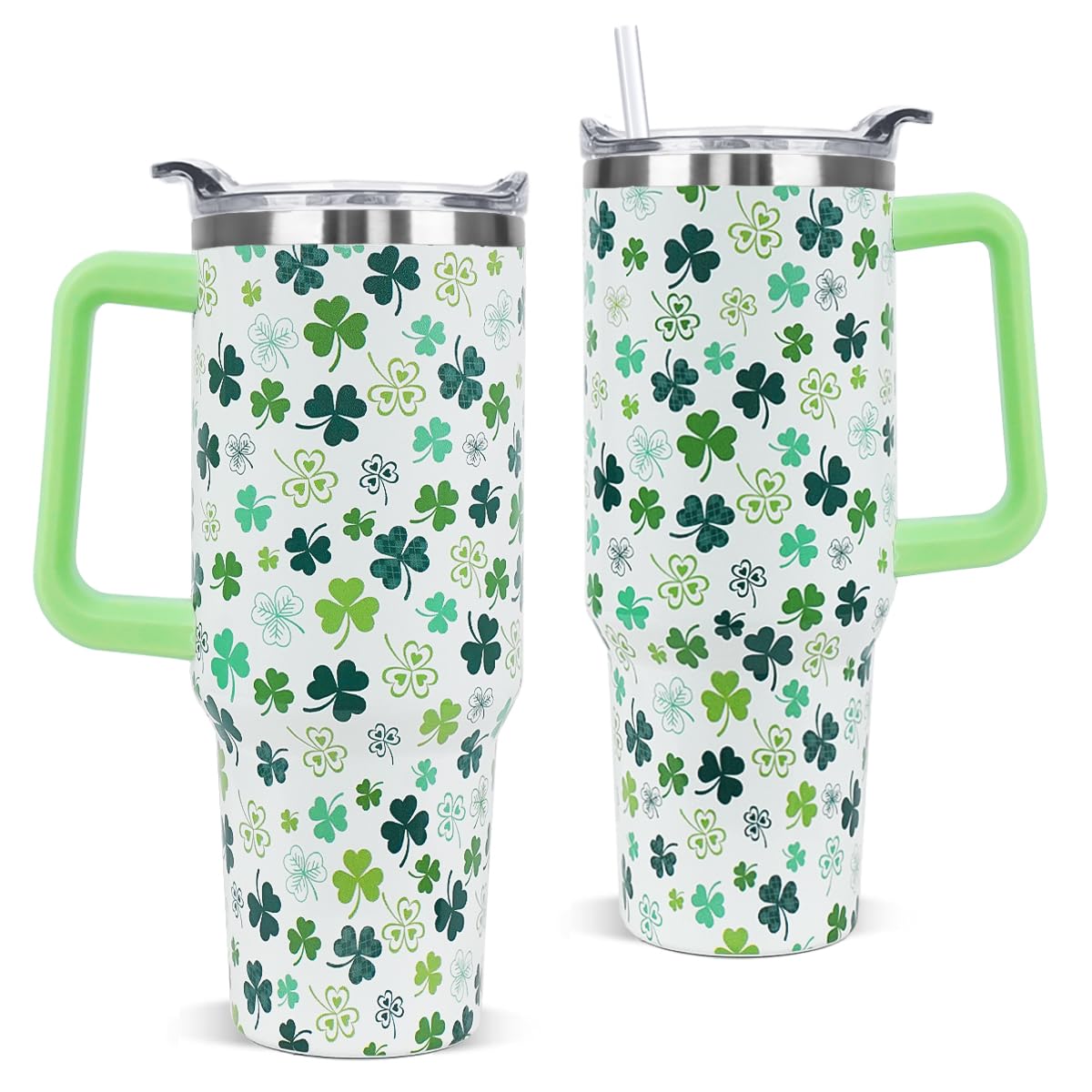 Nqhsionv St Patricks Day Tumbler with Handle 40 oz Green Lucky Shamrock Coffee Travel Mug Stainless Steel Insulated Cup Irish Sa