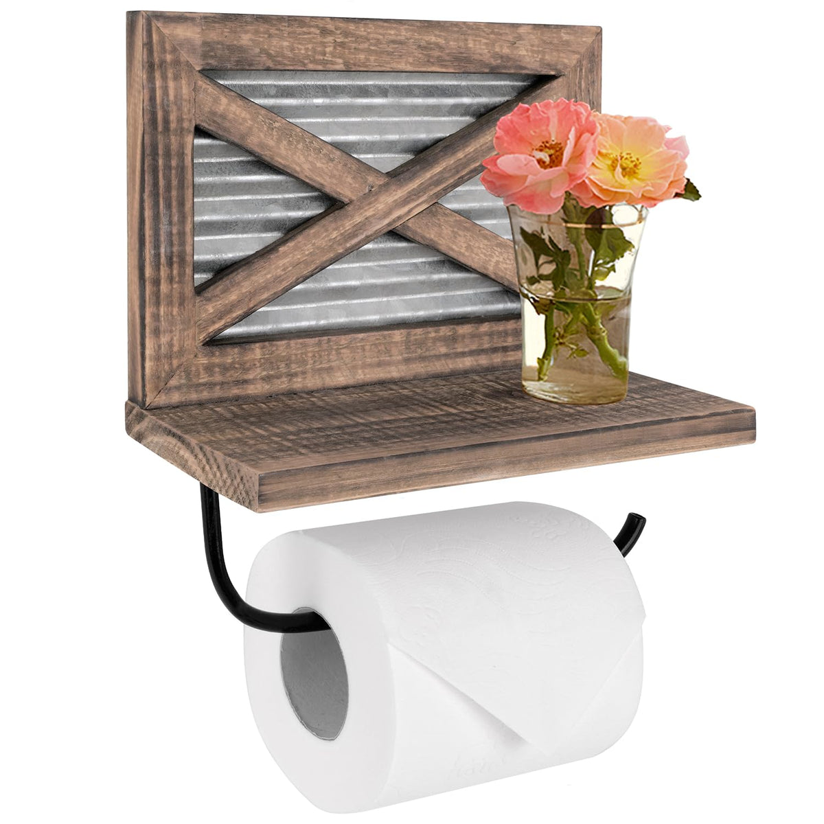 Autumn Alley Farmhouse Toilet Paper Holder With Shelf - Rustic Unique Accessories And Western Bathroom Decor Wall Mounted, Brown
