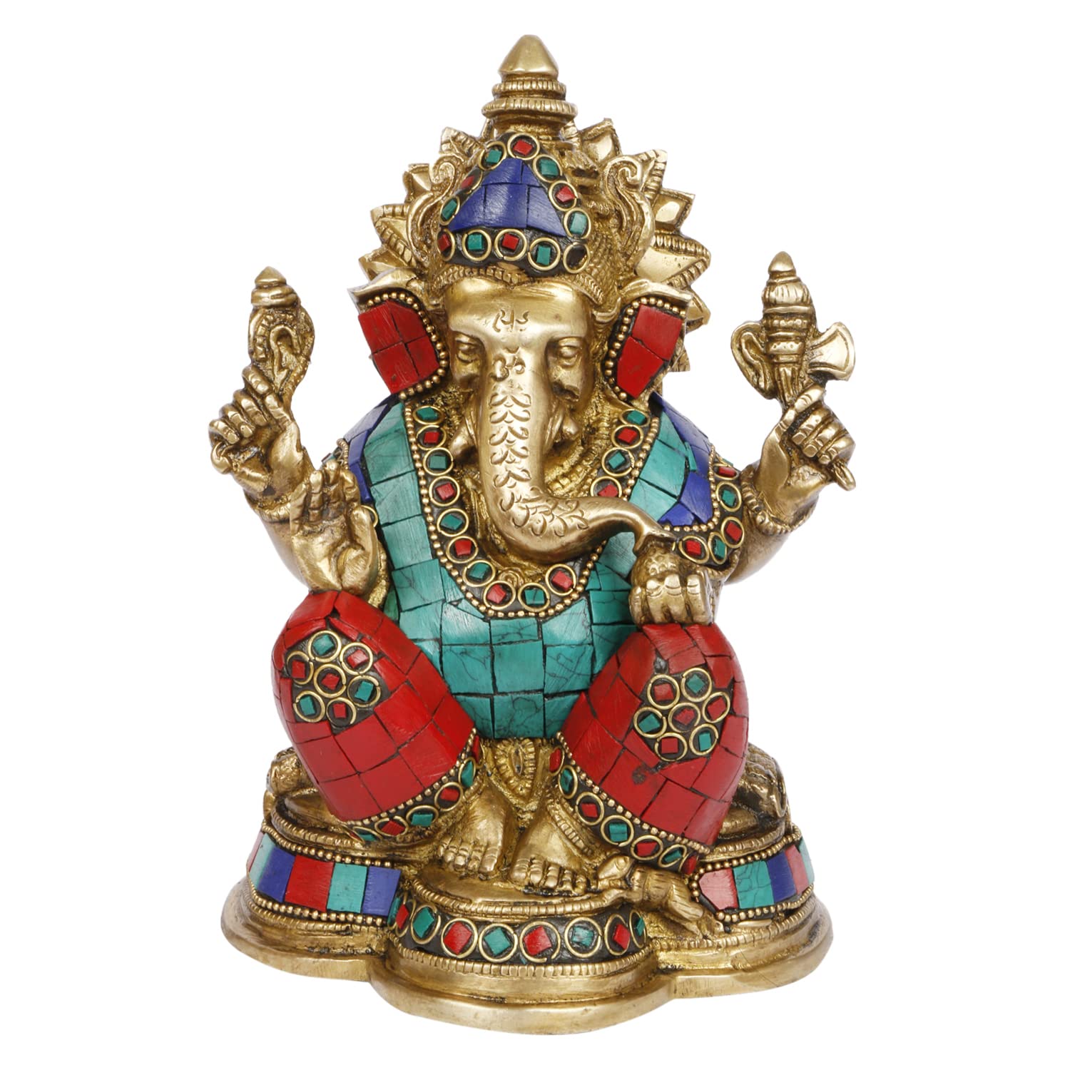 Artvarko Brass Sitting Ganesha With Multicolor Stone Handwork Ganpati Idol For Gift Ganesh Big Size Murti Home Decor Shop Entran