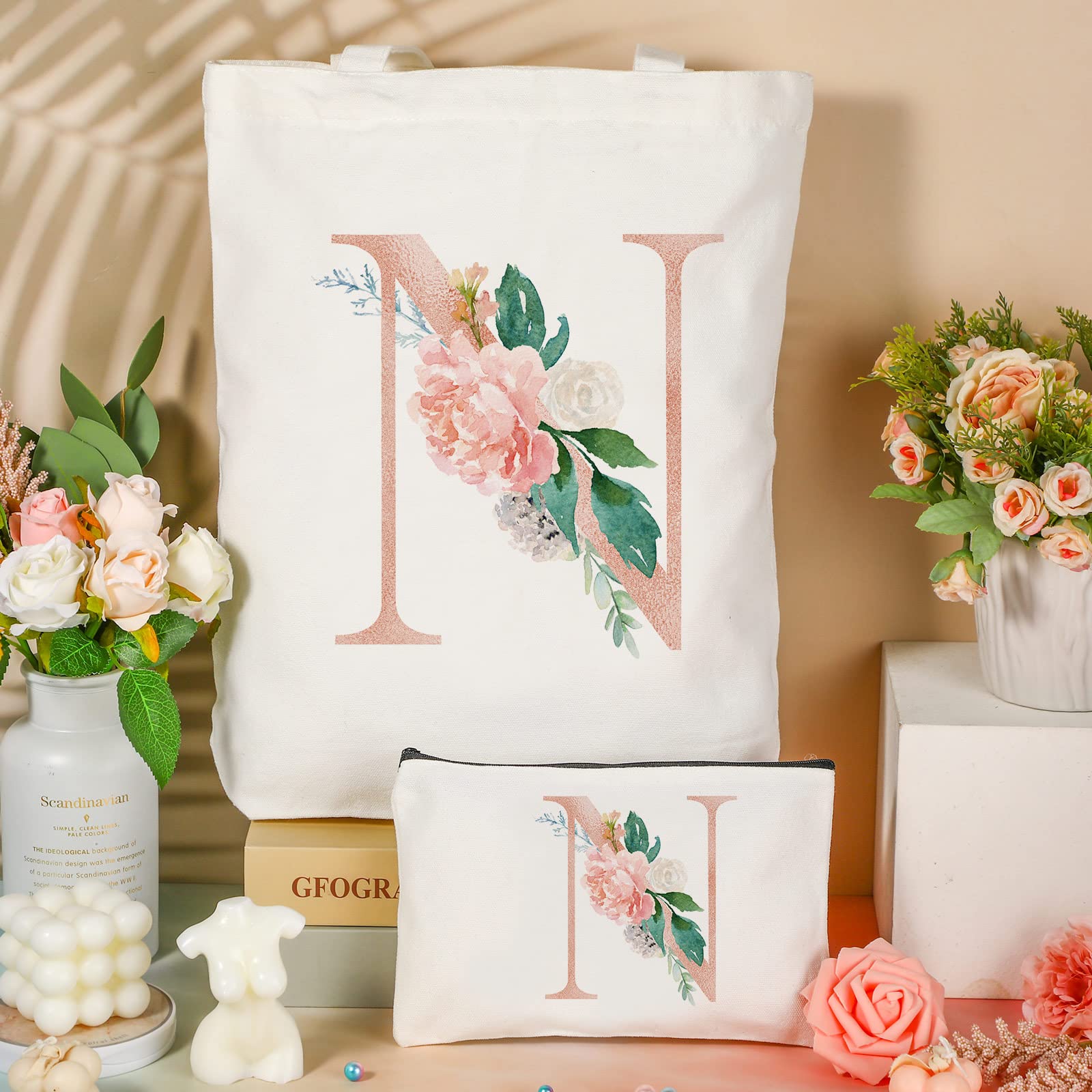 Sanwuta 2 Pcs Initial Canvas Tote Bags Floral Letter Travel Cosmetic Bags Personalized Beach Bags Monogrammed Bags Portable Make