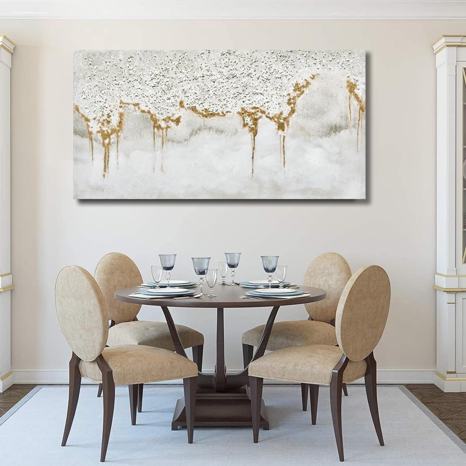 Train2 Art Textured Abstract Glitter Artwork Canvas Wall Art, White Acrylic Painting And Gold Foil Oil Painting Wall Art On Canv