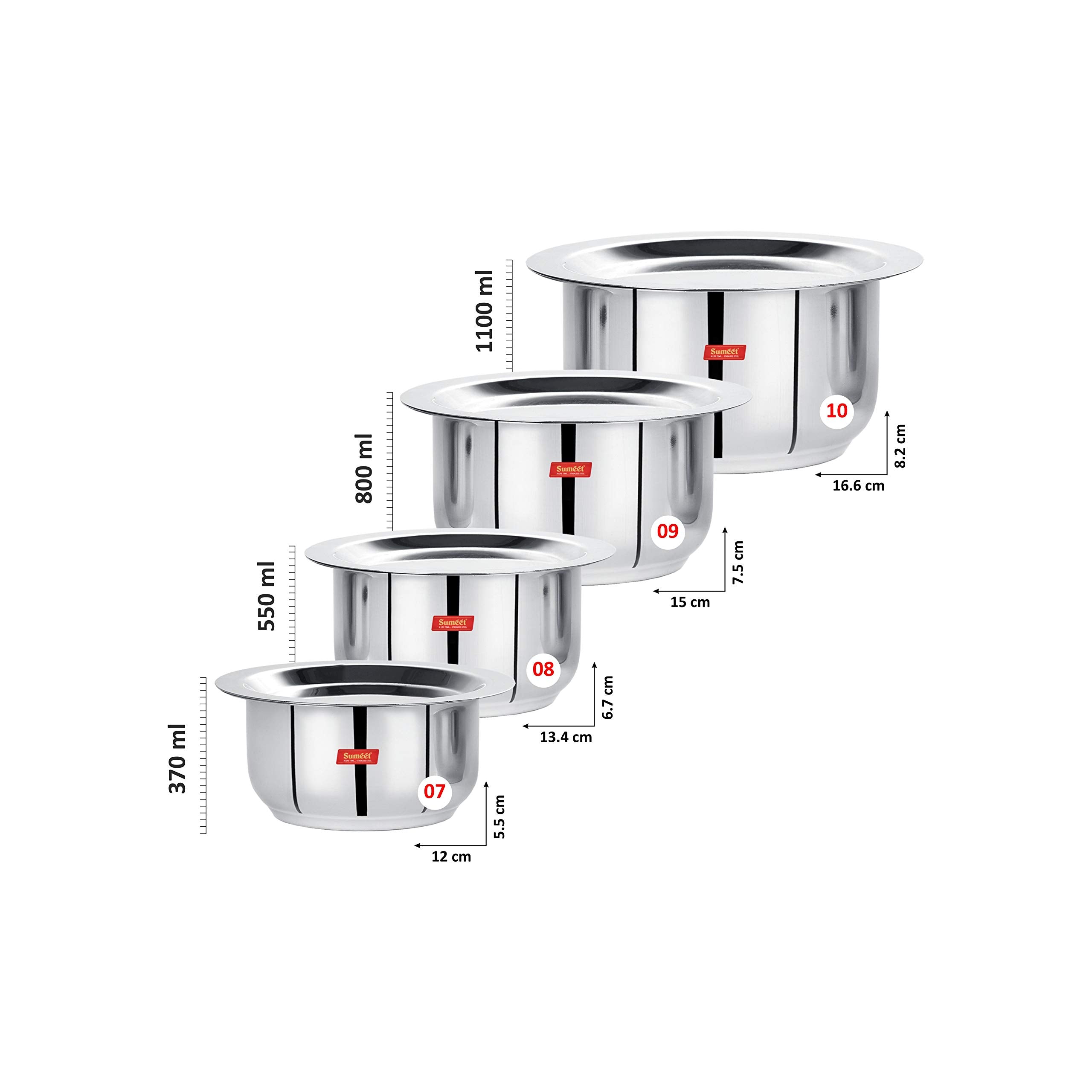 Sumeet Stainless Steel Mini to Small Size Flat Bottom Induction & Gas Stove Friendly Tope/Patila/Cookware Set of 4Pcs with Lids