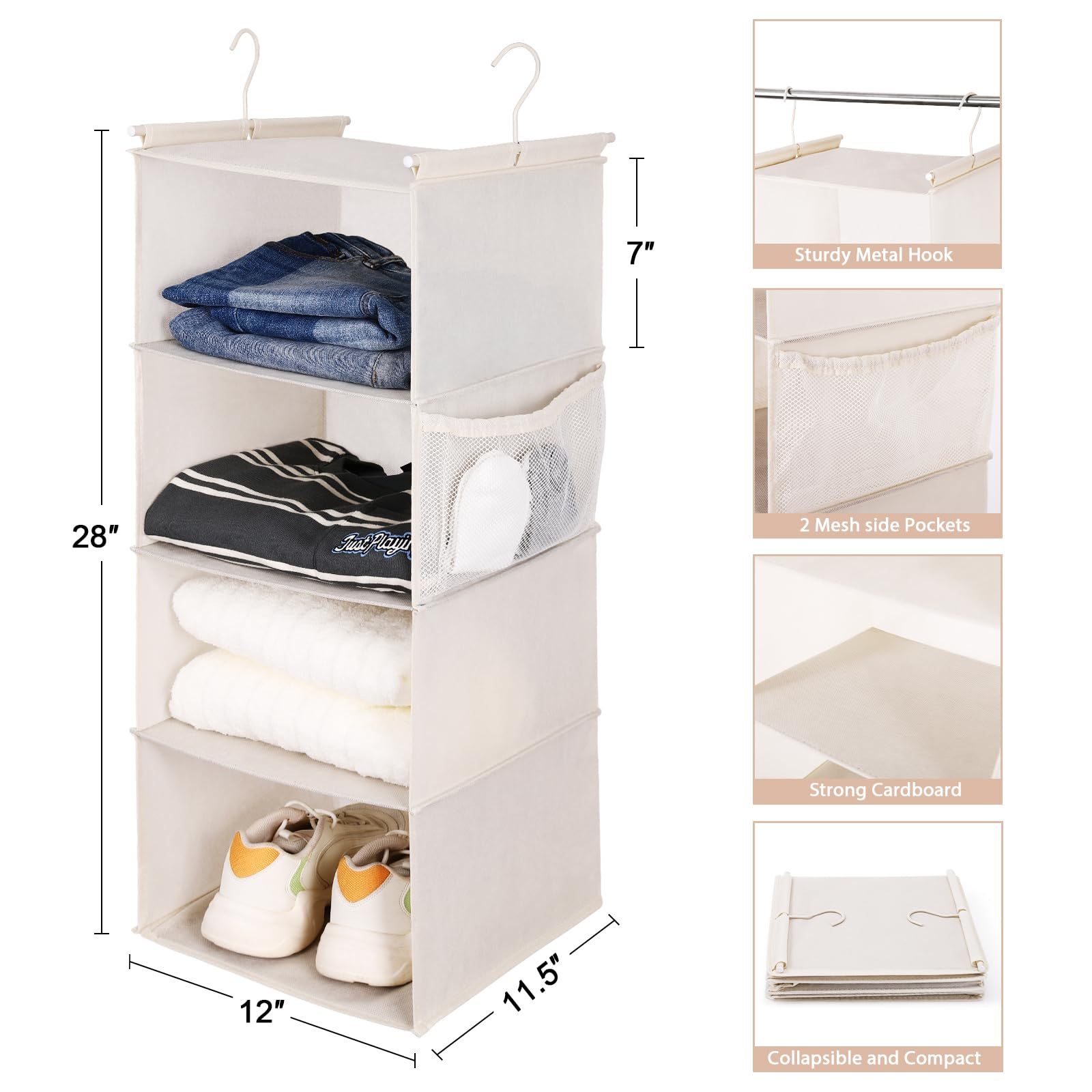 Max Houser 4 Tier Shelf Hanging Closet Organizer, Closet Hanging Shelf With 2 Sturdy Hooks For Storage,2 Pack, Foldable (Beige)