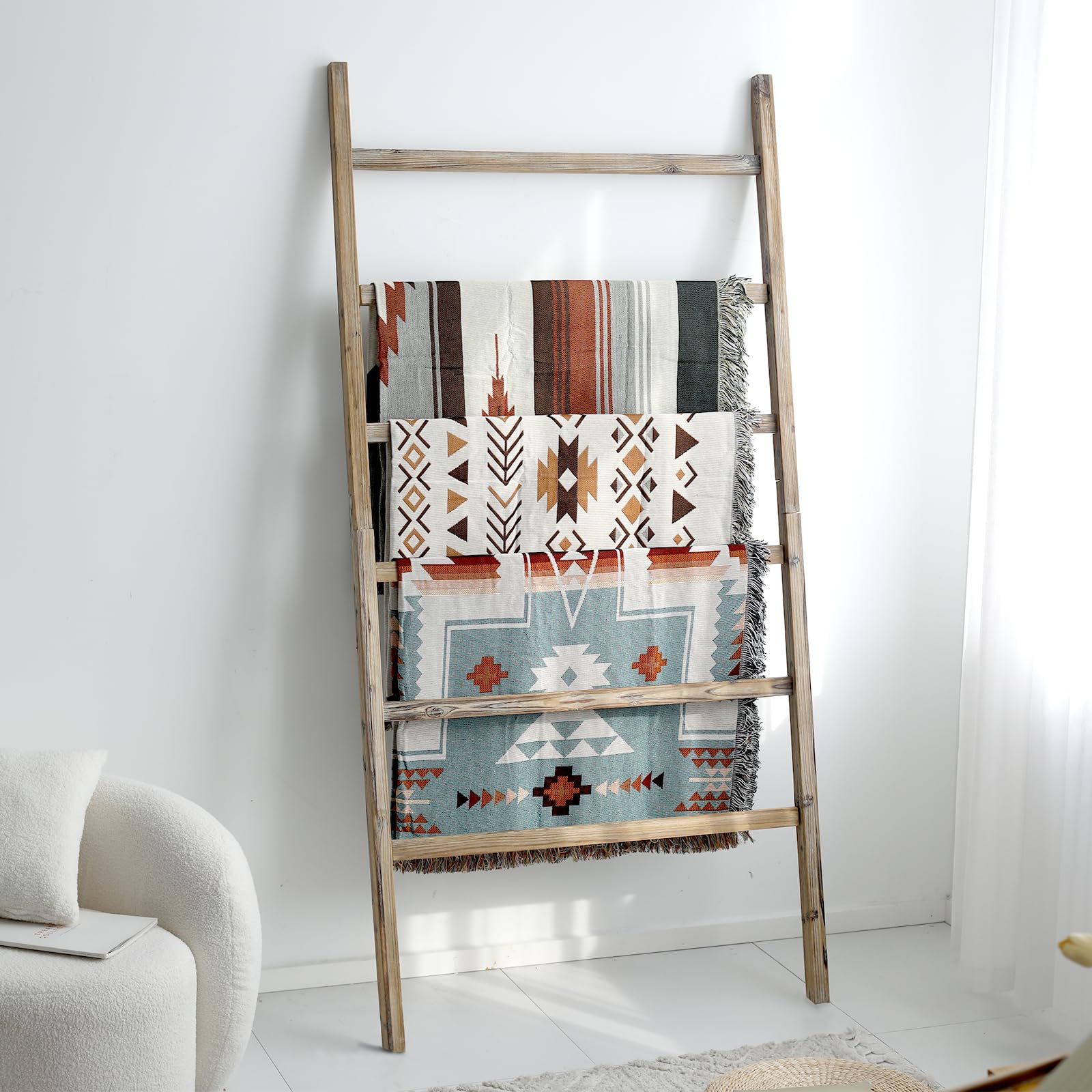 Fuin Extra Wide 6.4Ft Wooden Blanket Ladder Living Room Decorative Wal Leaning Farmhouse Quilt Display Holder Rustic Wood Towel