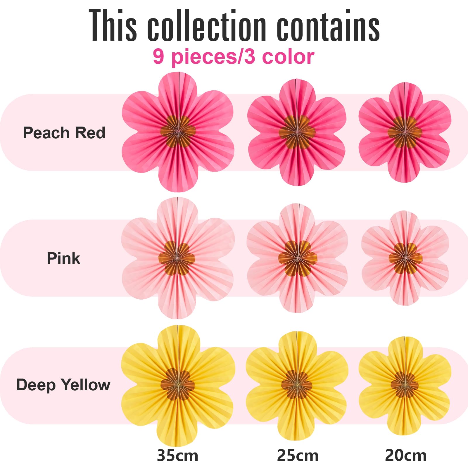 SUNBEAUTY Gold Flower Party Decorations Paper Fans Classroom Decoration Paper Floral Backdrop Decor Paper Fans Decoration Hanging Paper Fans Gold Flower Wall Decor Set of 9