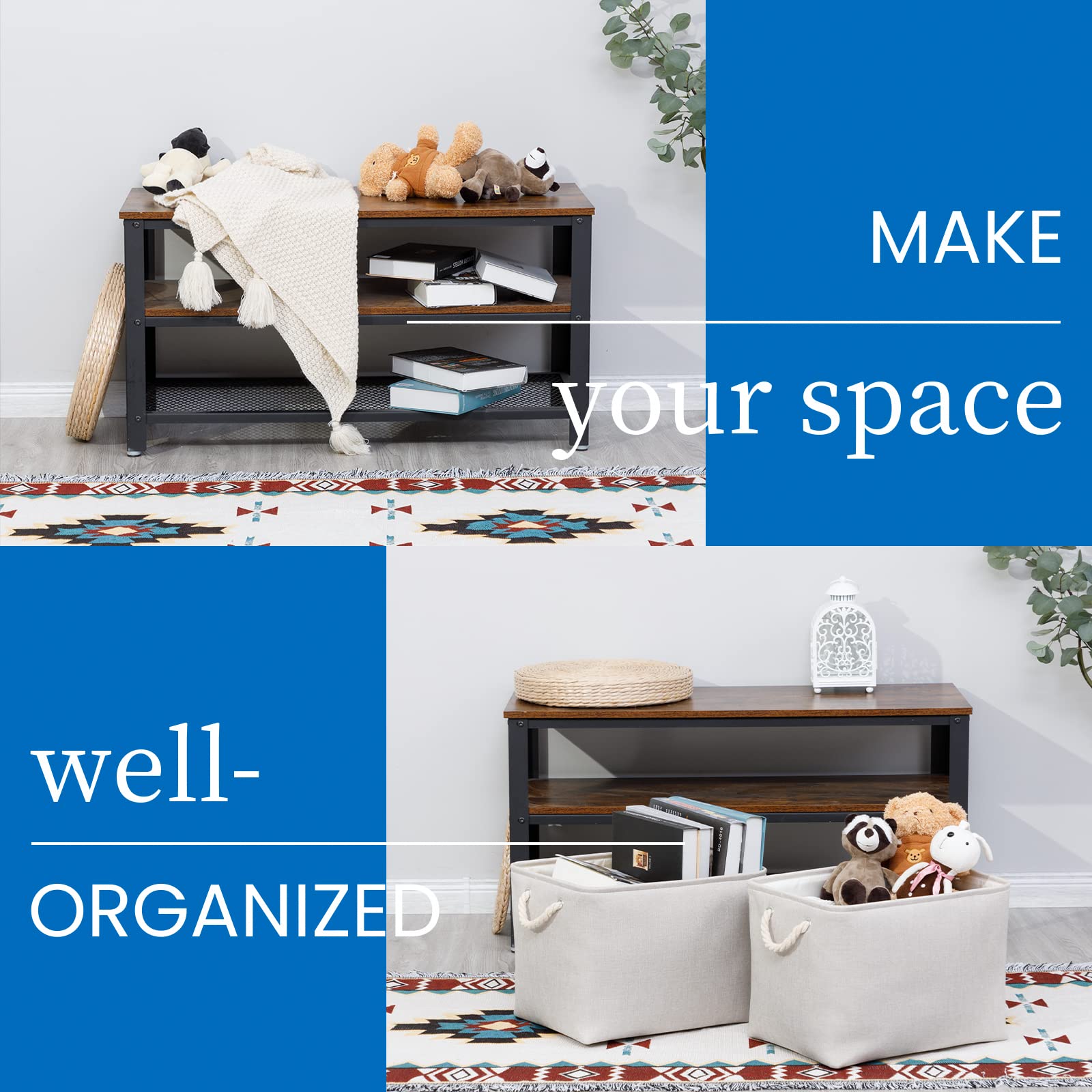 Bidtakay Large Fabric Storage Bins Beige Linen Closet Organizers Set Of 2 Baskets For Shelves Clothes Bedroom 16X11.8X11.8 Inch