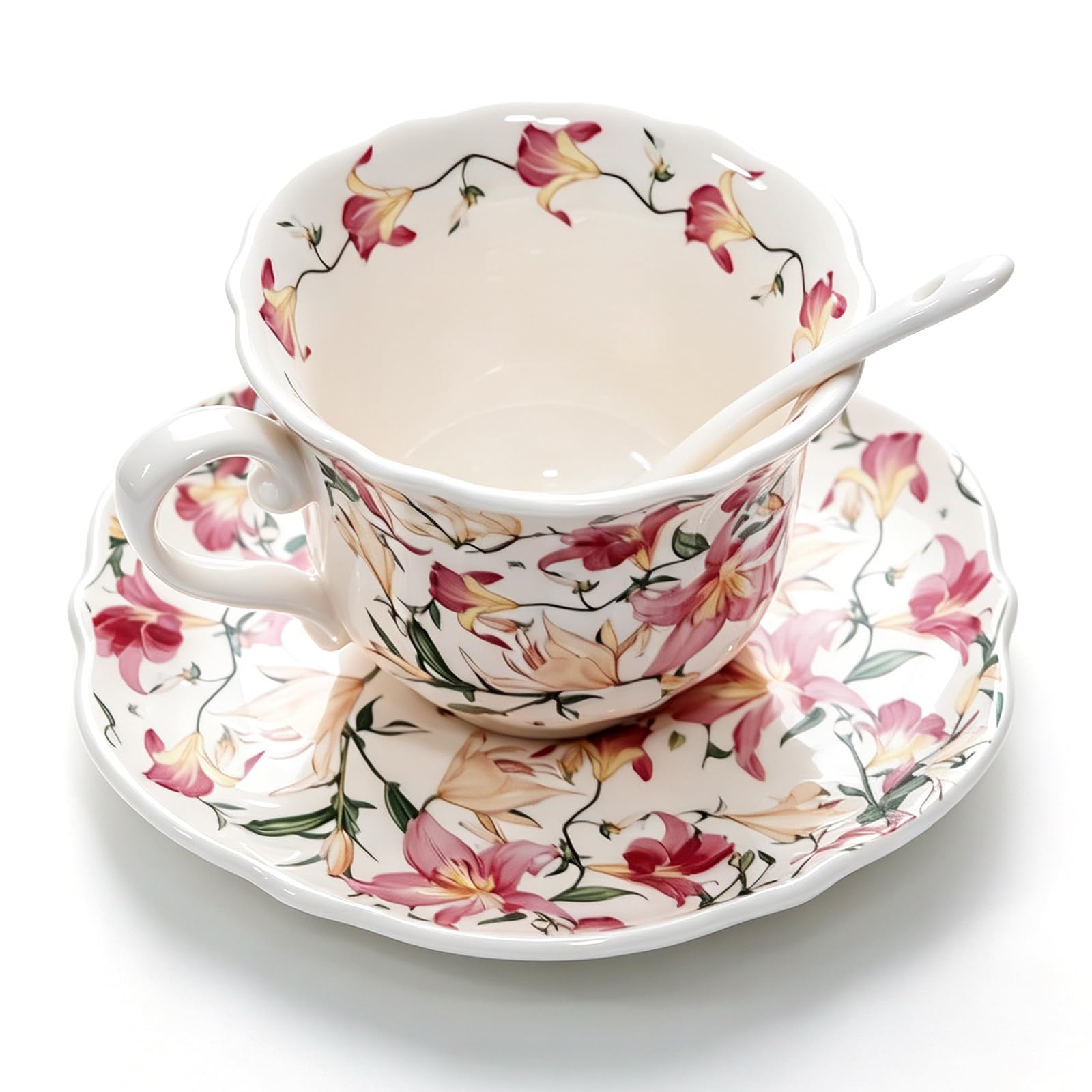 STAREARTH Bone China Tea Cup and Saucer Set, 7 oz Pink Morning Glory Floral