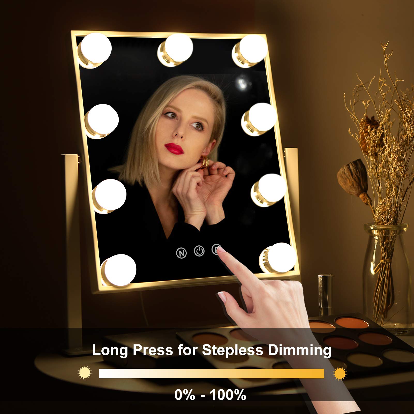 Vanity Mirror with Lights  Hollywood Lighted Makeup Mirror  3 Colors Lighting Modes Dimmable 10X Magnifying Miroor  Touch Control and 360 Degree Rotation (White)