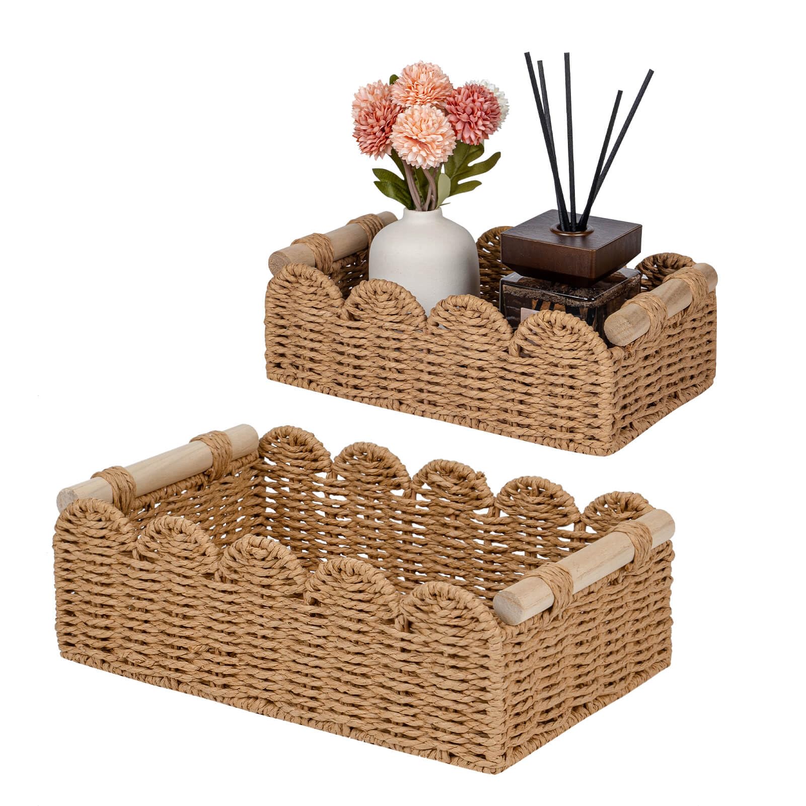 CubesLand Paper Rope Scalloped Edge Decor Baskets for Home, Living Room, Bedroom, Toilet Basket for Over Toilet Storage Shelf, E