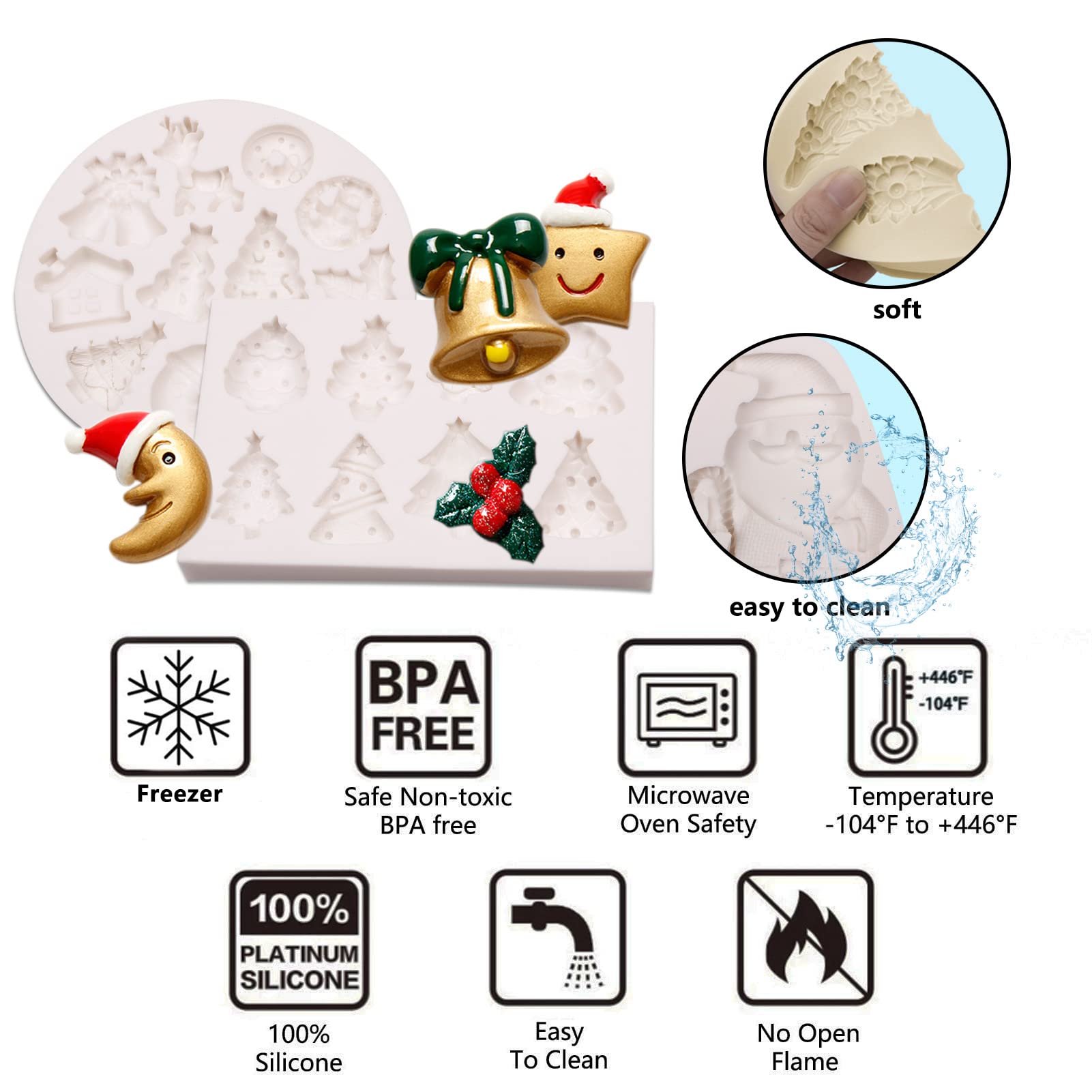 Muyulin Mini Christmas Cake Decoration Chocolate Mold, 4 Packs Fondant Christmas Silicone Molds, Bell, Reindeer, Winterleaf, Soc