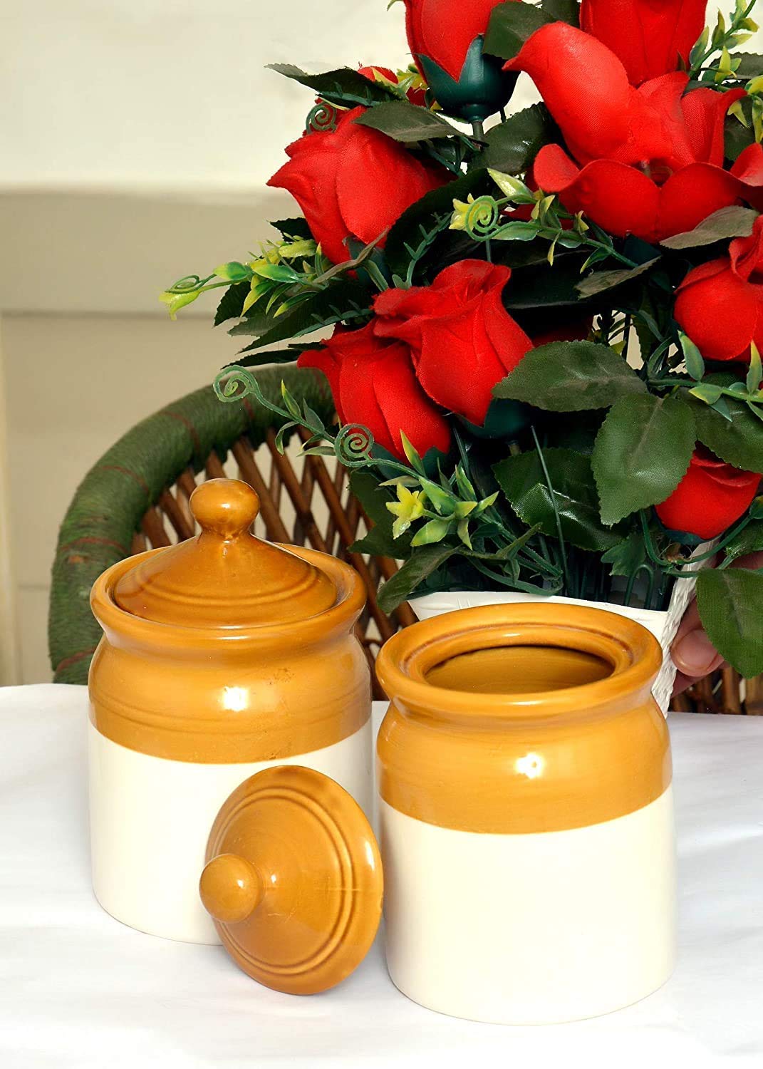 Shriyam Craft Old Fashioned Handmade Ceramic Pickle Jar Set With Lid, Dining Table Set, Made In India 500Ml (Set Of 2)
