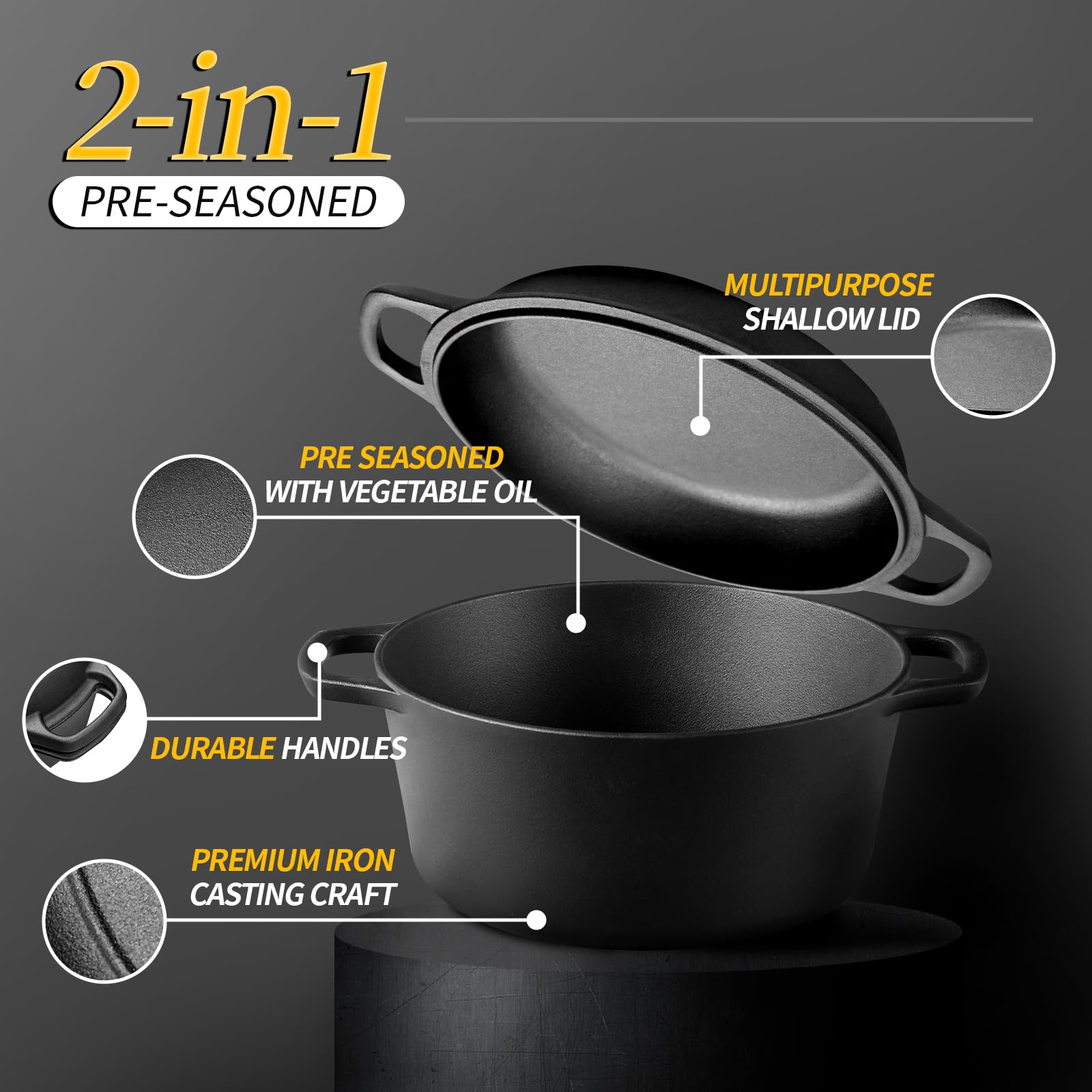 Edging Casting 2-In-1 Pre-Seasoned Cast Iron Dutch Oven Pot With Skillet Lid Cooking Pan, Cast Iron Skillet Cookware Pan Set Wit