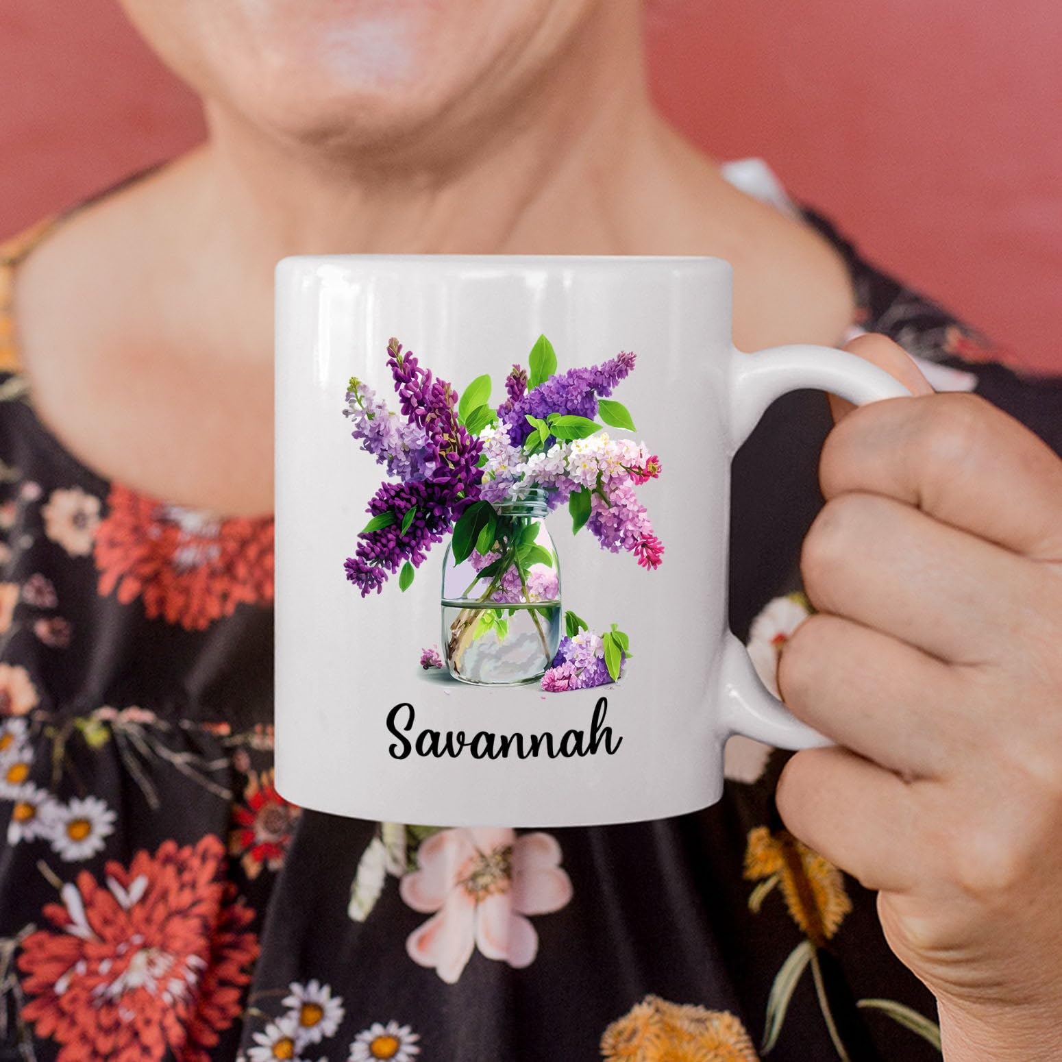 Lilac Ceramic Mug, Custom Lilac Flowers Gifts, Personalized Floral Name Tea Cup, Customized Lilac Lovers Coffee Mug, Violet Flow