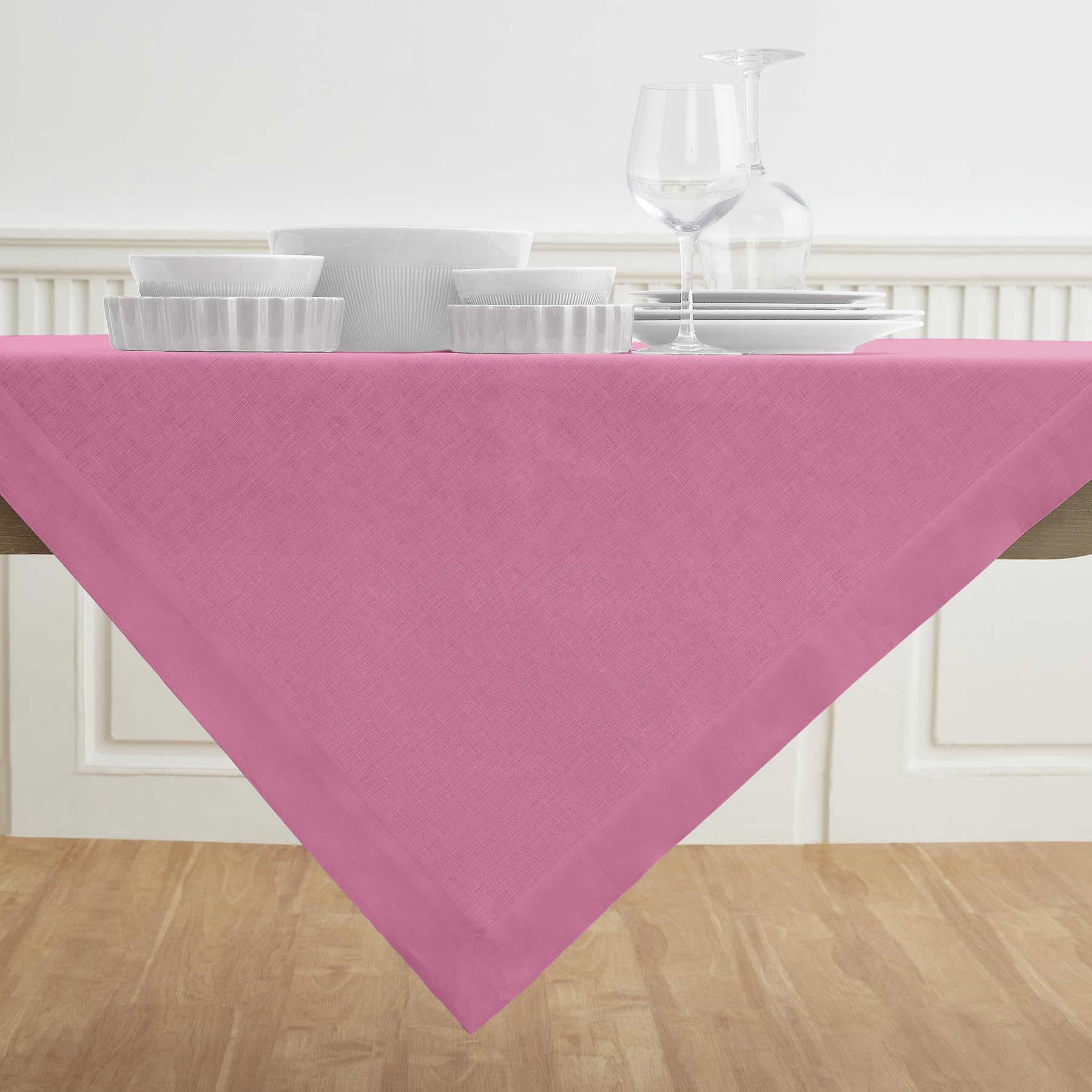 Solino Home Flamingo Pink Linen Square Tablecloth 52 X 52 Inch - Fete, 100% Pure Linen Table Throw - Machine Washable Tablecloth