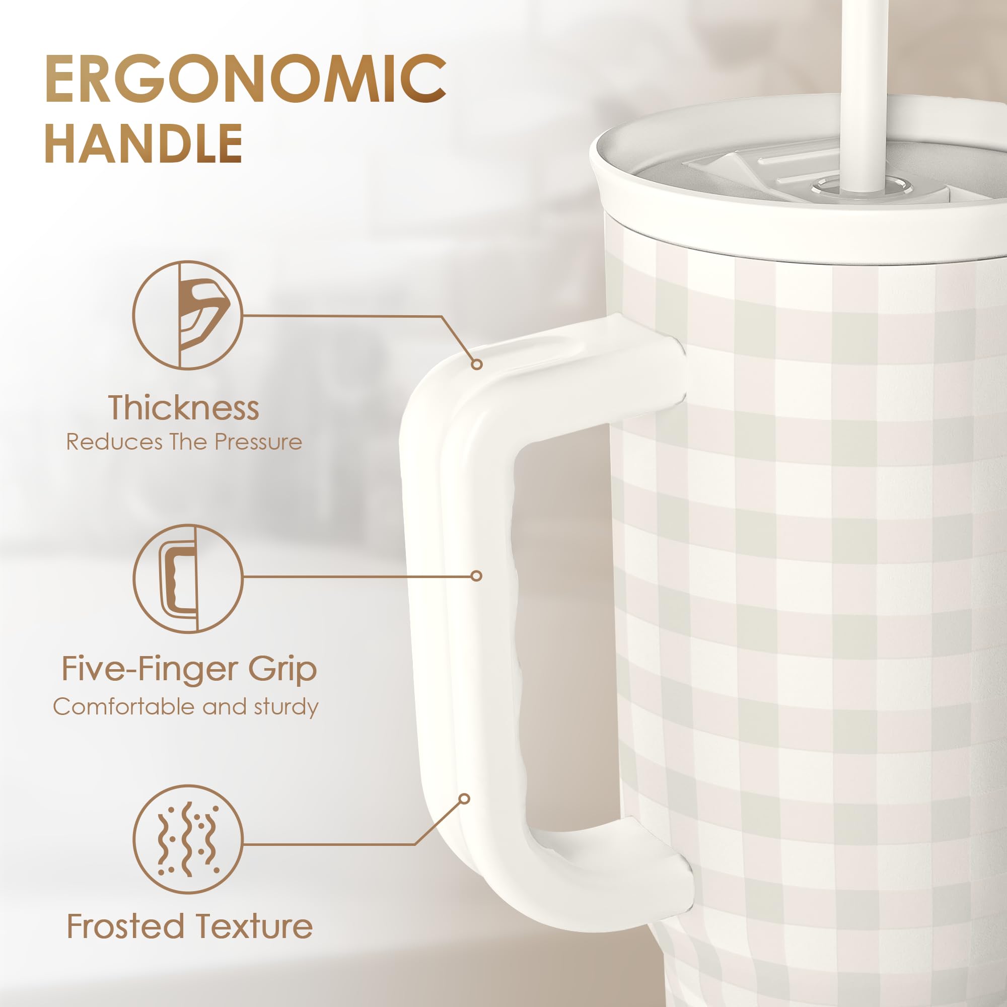 Grey Gingham 40oz Slider Tumbler with Handle and Straw - Insulated Stainless Steel Travel Coffee Mug for Women Girls, Gift for B