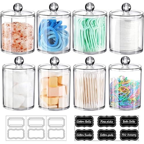 8 Pack Qtip Dispenser Apothecary Jars Bathroom Set with Labels - Clear Plastic Qtip Holder Storage Set for Cotton Ball Cotton Swab Cotton Rounds Floss Picks  Hair Clips Hair Ties(Clear 15oz & 12oz)
