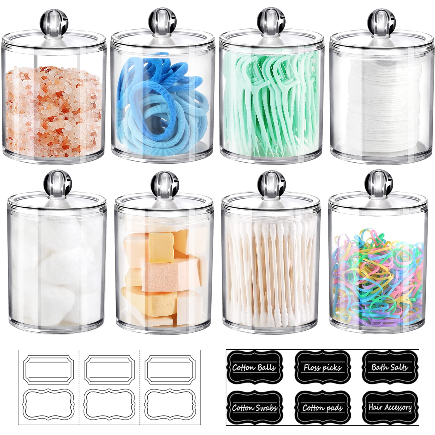 8 Pack Qtip Dispenser Apothecary Jars Bathroom Set With Labels - Clear Plastic Qtip Holder Storage Set For Cotton Ball,Cotton Sw