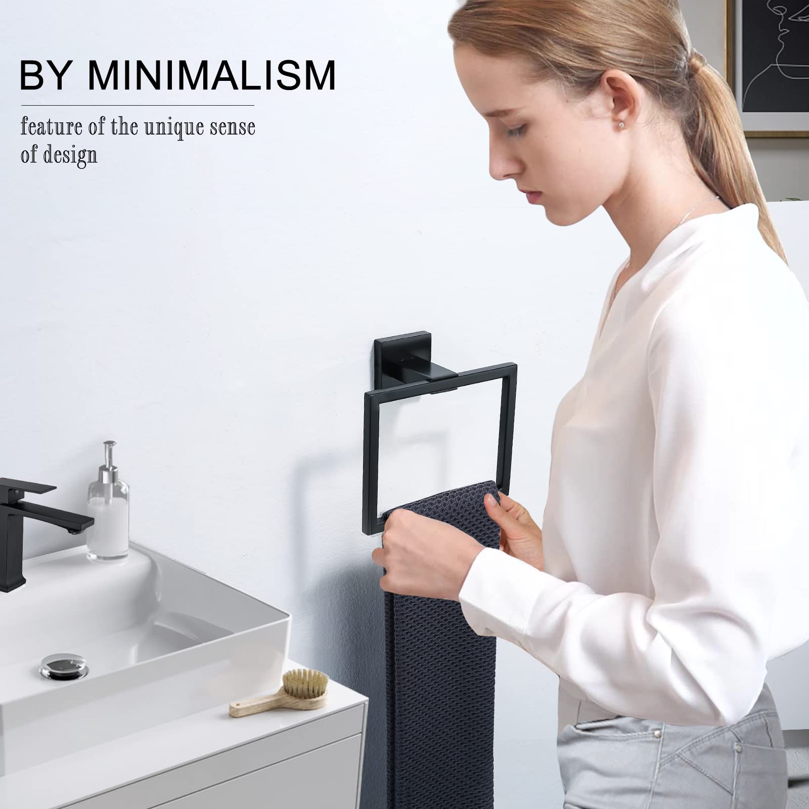Tqkag Matte Black Towel Ring Bathroom Hand Towel Holder Stainless Steel Square Towel Hangers Wall Mounted