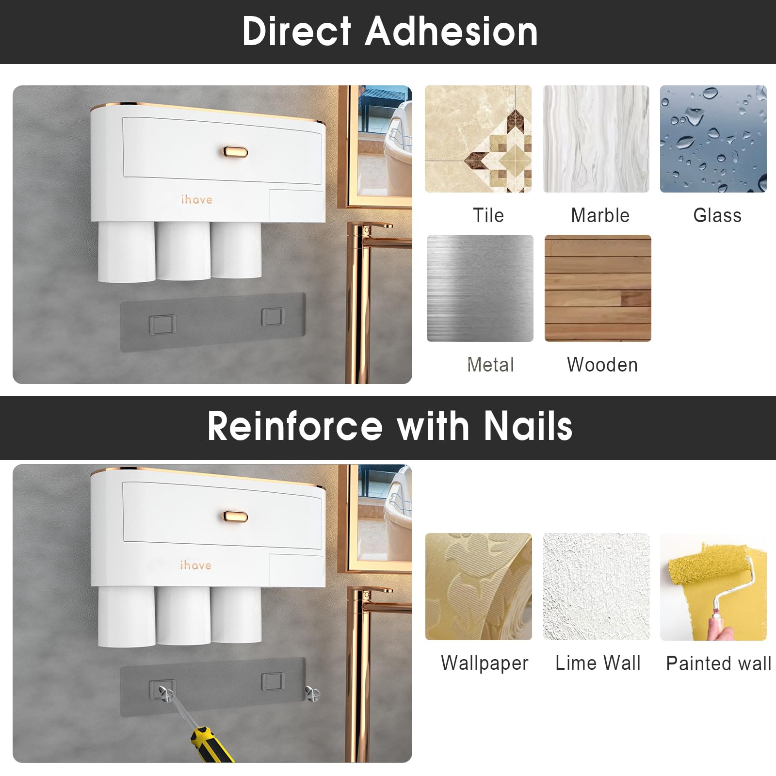 Ihave Toothbrush Holders For Bathrooms, 3 Cups Toothbrush Holder Wall Mounted With Large Capacity Drawer And Tray - Bathroom Org