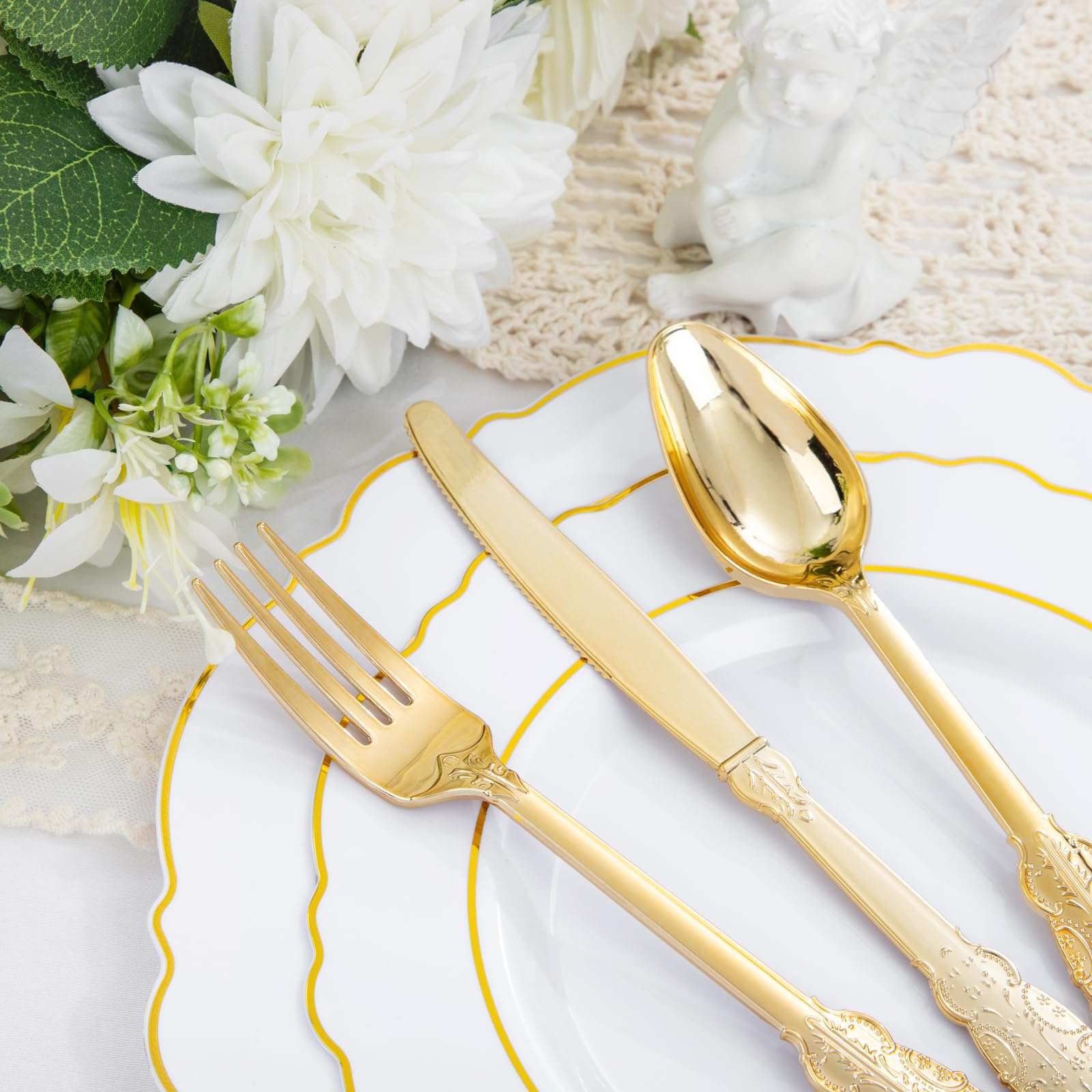 Liacere 350Pcs Gold Plastic Plates-Disposable White And Gold Plates 50Guest Baroque Plastic Dinnerware Include 100Plates, 50Pack