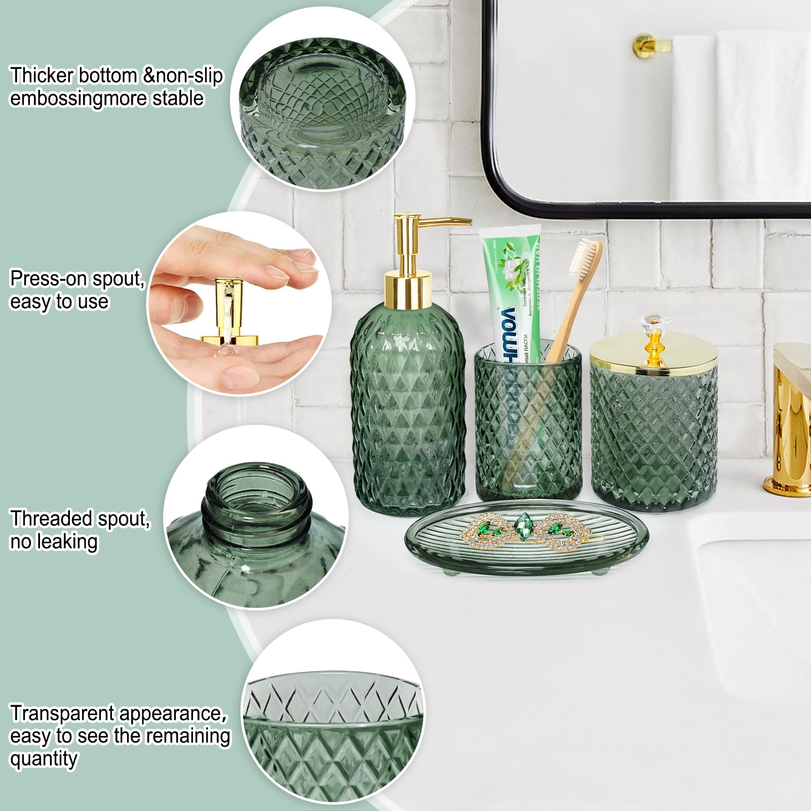 Haturi Bathroom Accessories Set - 4Pcs Glass in Sage Green with Lotion Dispenser, Toothbrush Holder, Qtip Holder, Soap Dish