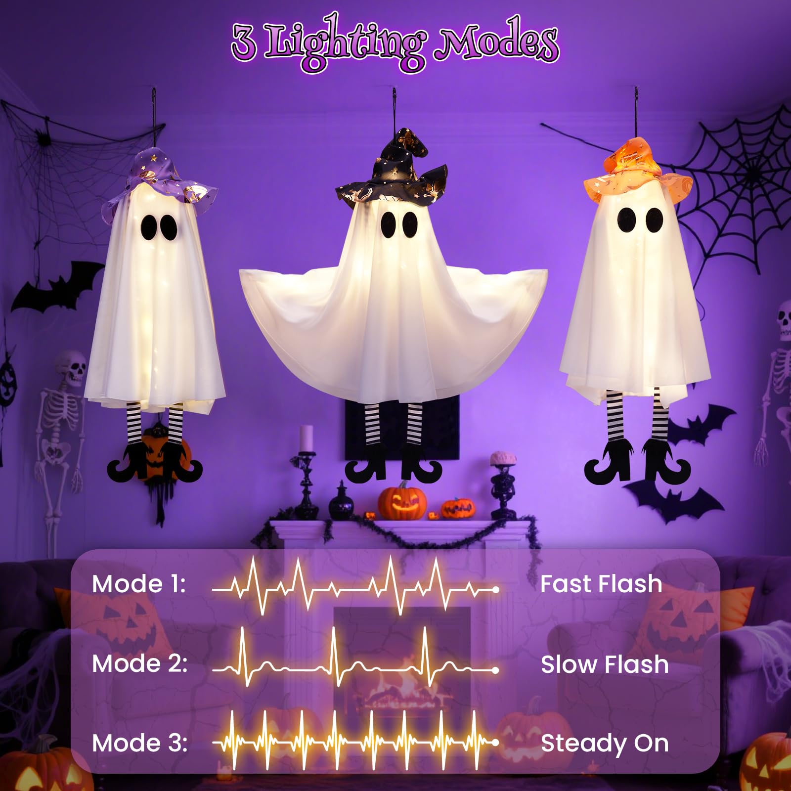 Halloween Decorations Outdoor Indoor,4 Pack Hanging Ghosts Outdoor Halloween Decor,Cute Light Up Witches Hats Ghost Decorations