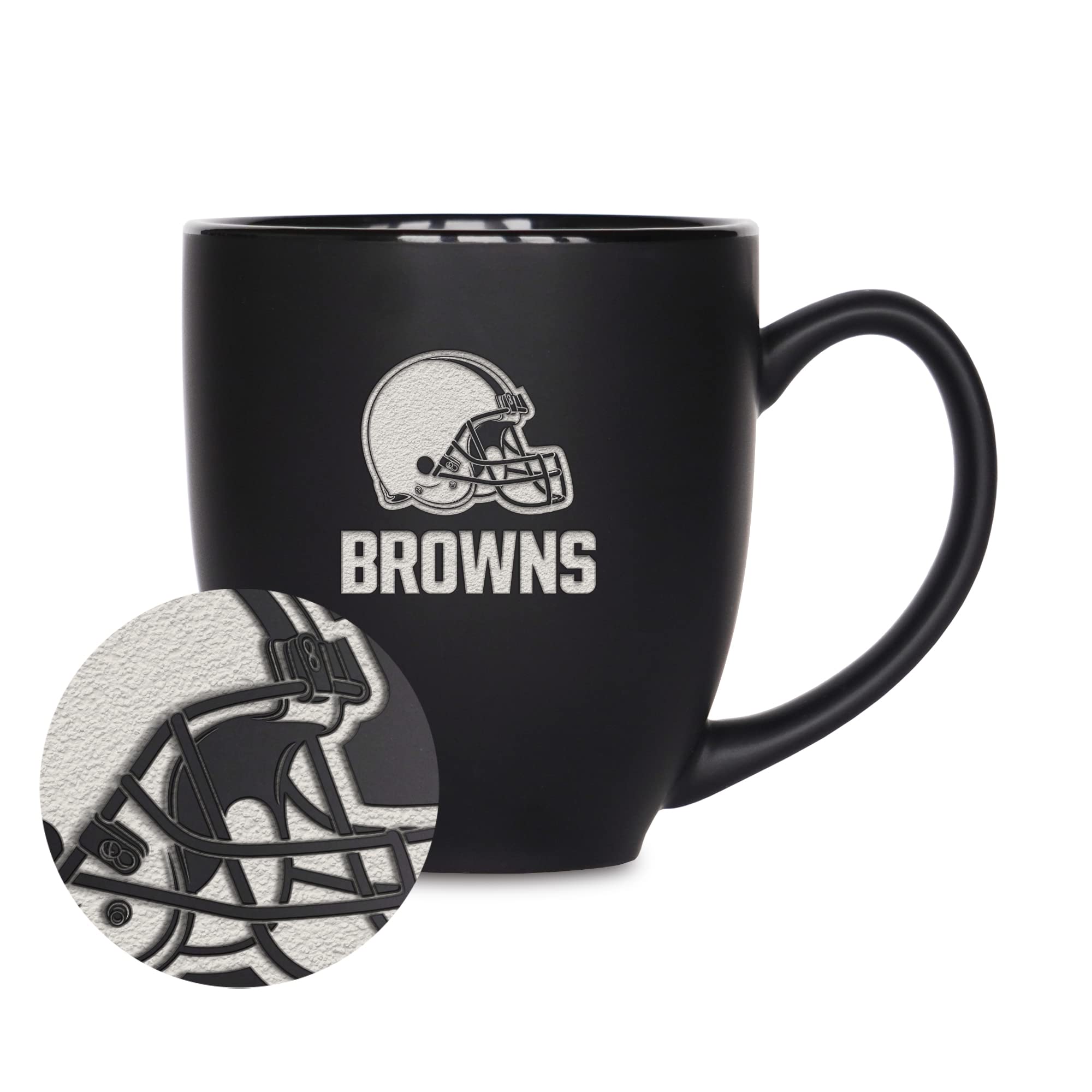Rico Industries NFL Football Cleveland Browns Main 15oz Laser Engraved Matte Black Ceramic Bistro Mug - For Hot or Cold Drinks