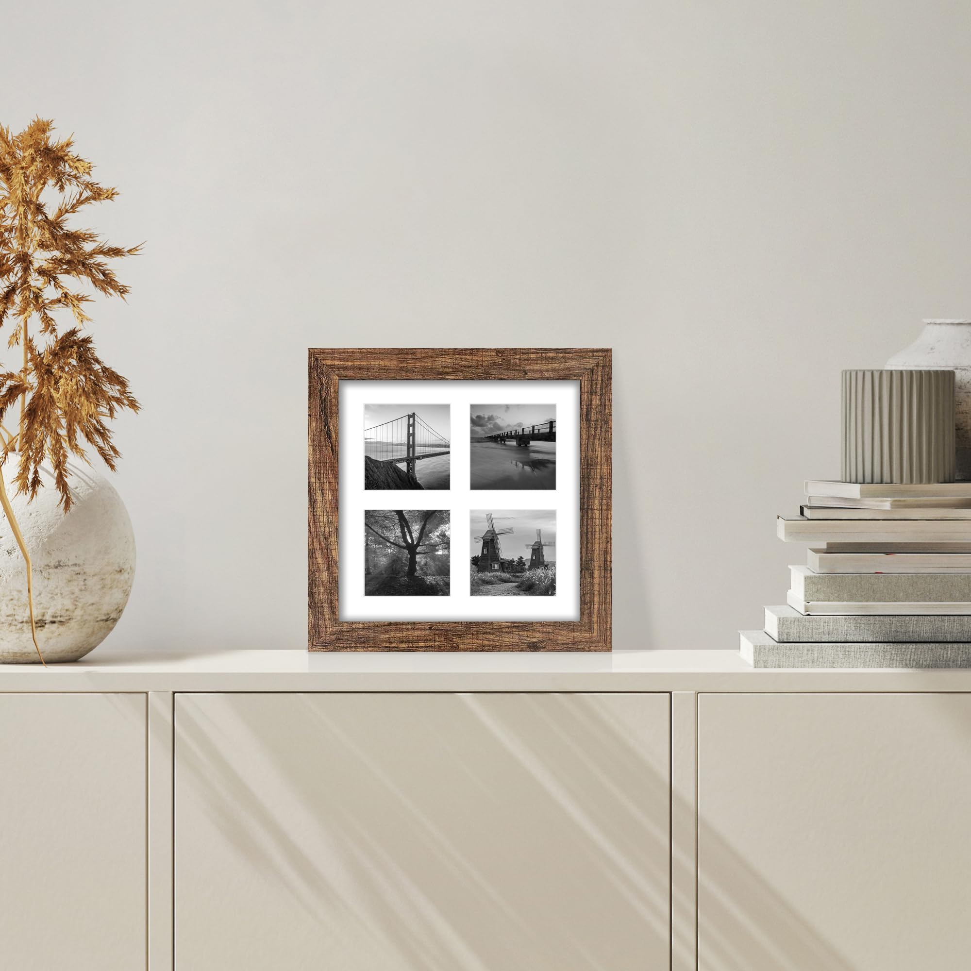 Hongkee 8x8 Picture Frame Set of 2, with Glass and Rustic Brown Wood Frames, Display Collage Four Opening 3x3 With Mat or 8 x 8