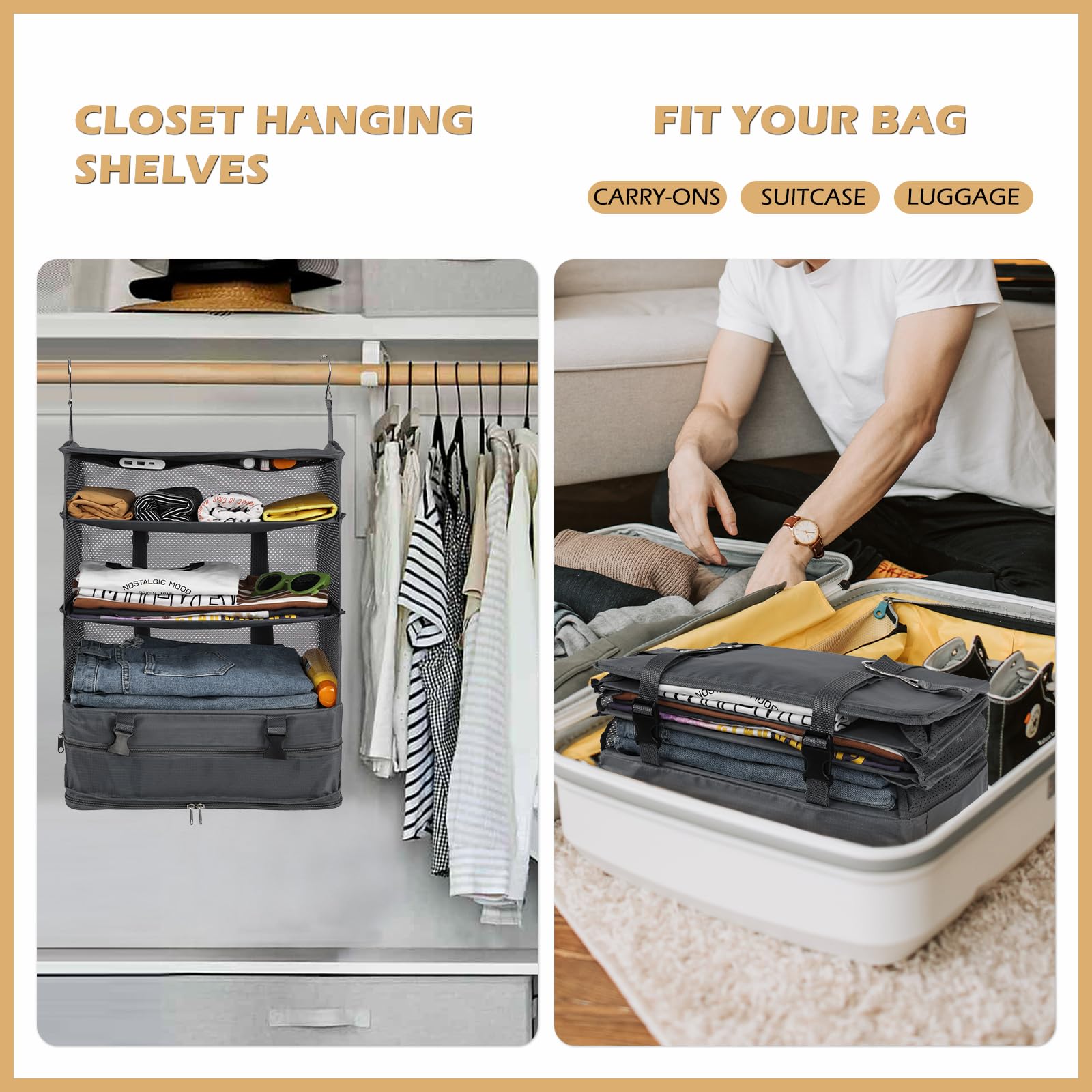 Surblue Hanging Closet Storage Bag Collapsible 3-Shelf Washable Oxford Fabric With 2 Hooks (Xl 17.71 * 11.81 * 20In, Grey)