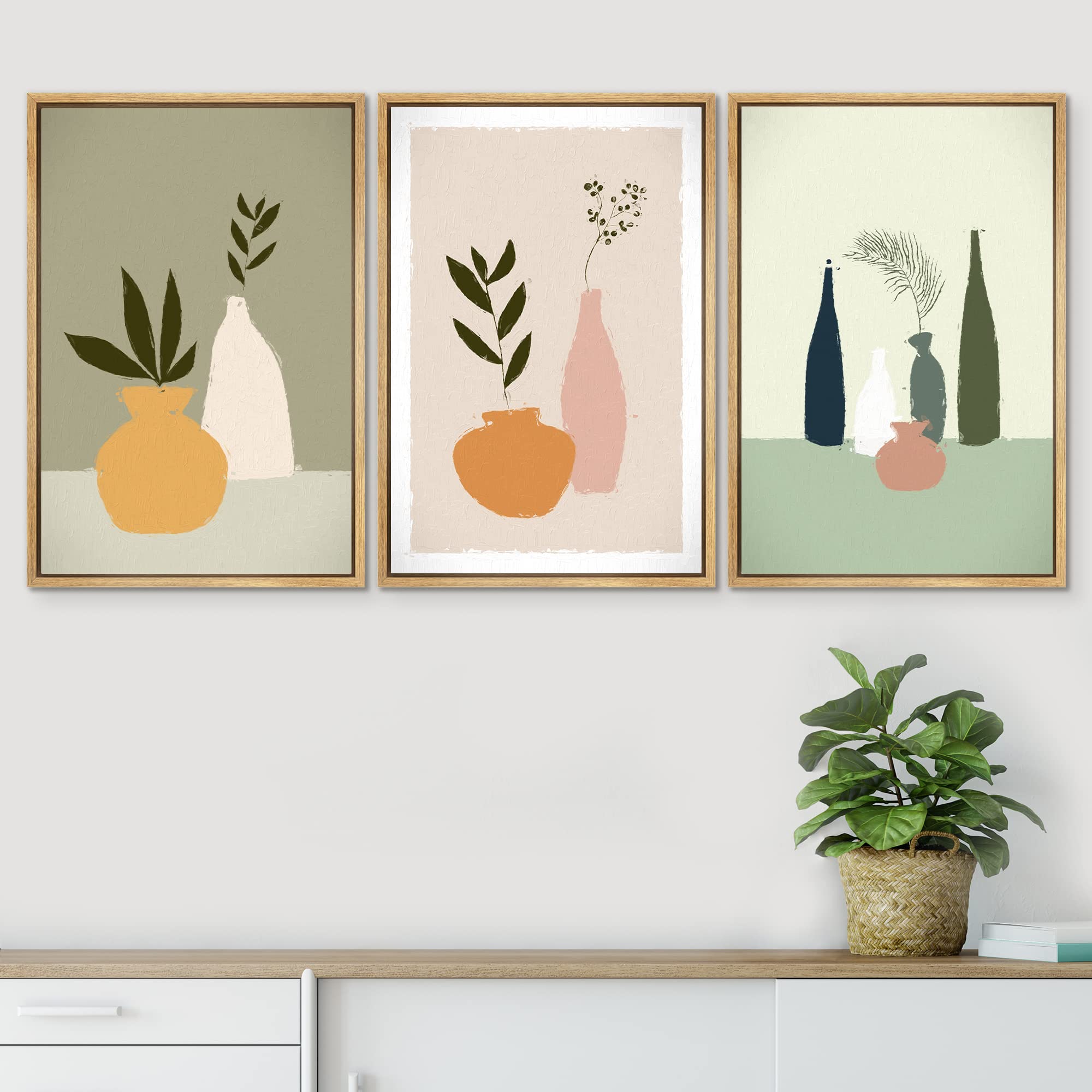Signwin Framed Wall Art Print Set Forest Leaves In Vibrant Pastel Vases Nature Wilderness Illustrations Modern Art Rustic Colorf