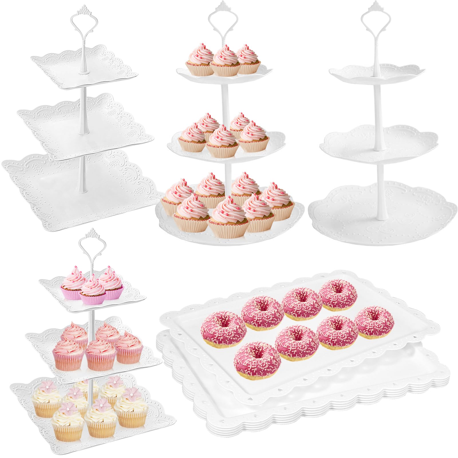 10 Pcs Cake Stand White Plastic Dessert Table Stand Set 4 Pcs 3 Tired Cupcake Display Stands Cookie Tray Rack Serving Tray Cake