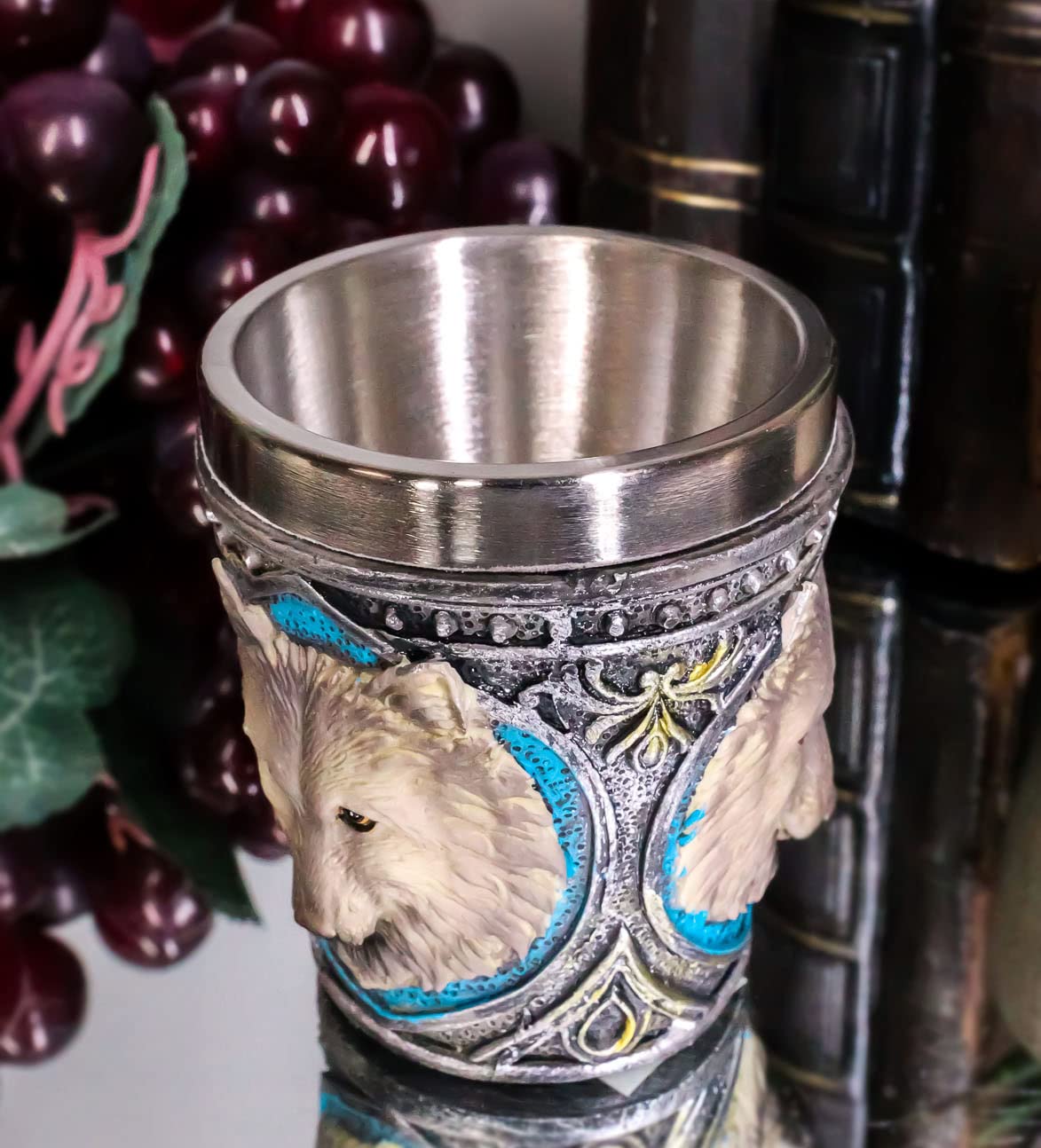 Ebros Pack Of 2 Full Moon Mythical Animal Spirit Gray And White Alpha Wolf Themed 2-Ounce Shot Glass Resin Housing With Stainless Steel Liners Wolves or Timberwolves Themed Souvenirs Favors