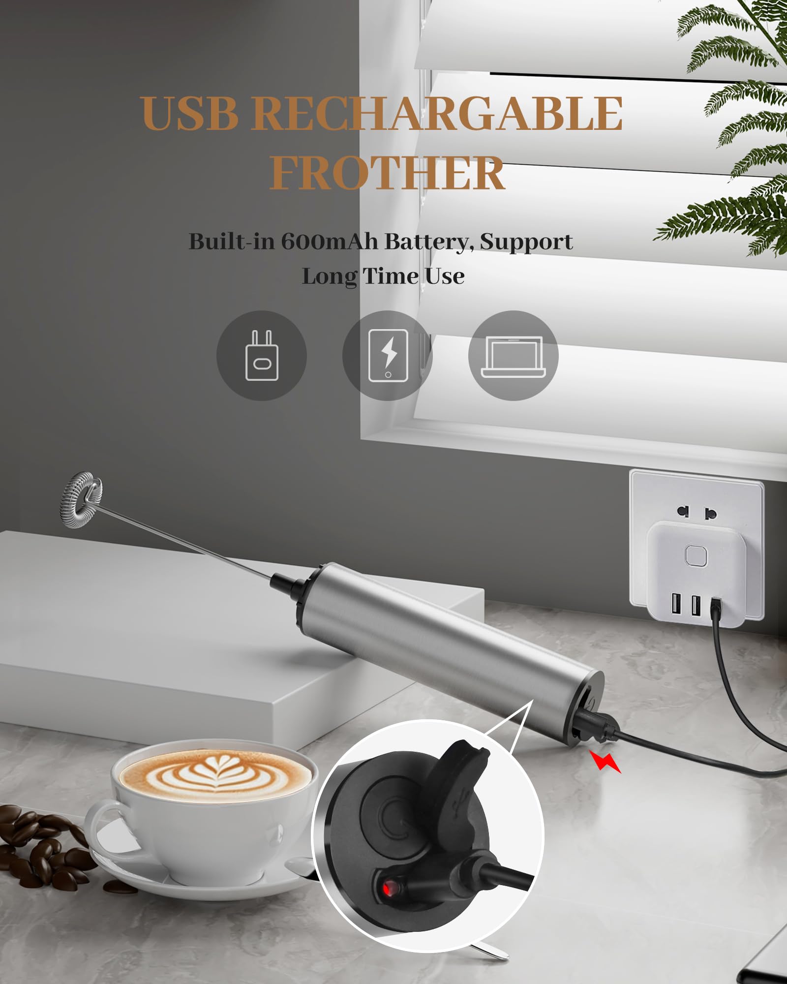 Infood Milk Frother Rechargeable With Cover - Coffee Frother Wand, Drink Mixer Handheld With 2 Detachable Stainless Whisks 2 Spe