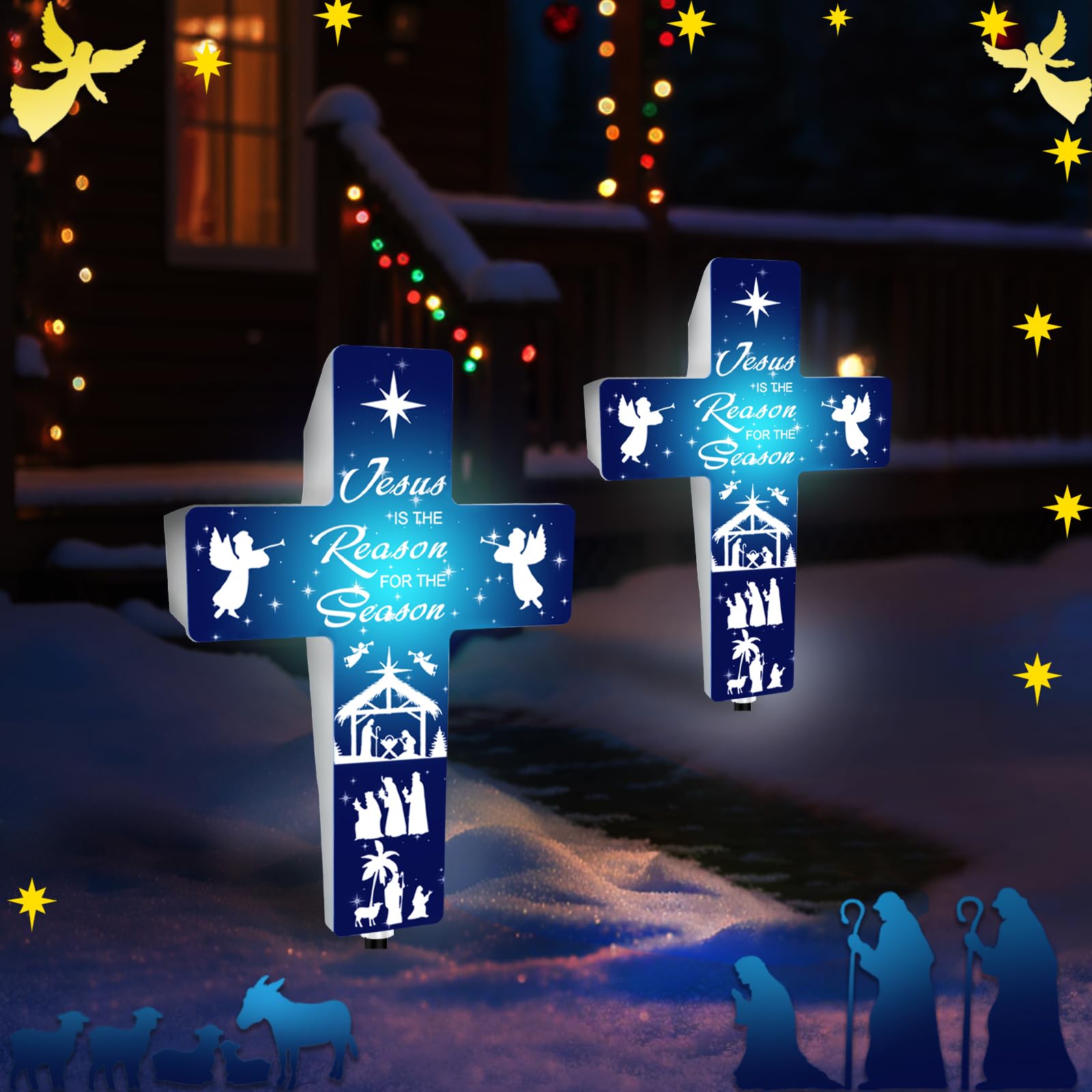LawnIdyll Jesus is The Reason for The Season Solar Stake, Cross Shaped Nativity Scene Outdoor Decor Holy Night Lighted Religious