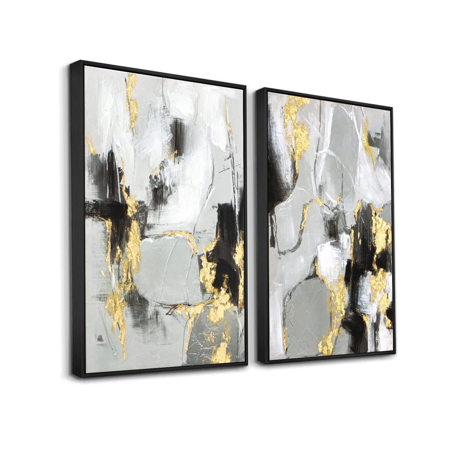 Zessonic Black And Gold Abstract Wall -Art Decor- 2 Pack 16'' X 24'' Black And White Canvas Wall Decor With Gold Foil For Living