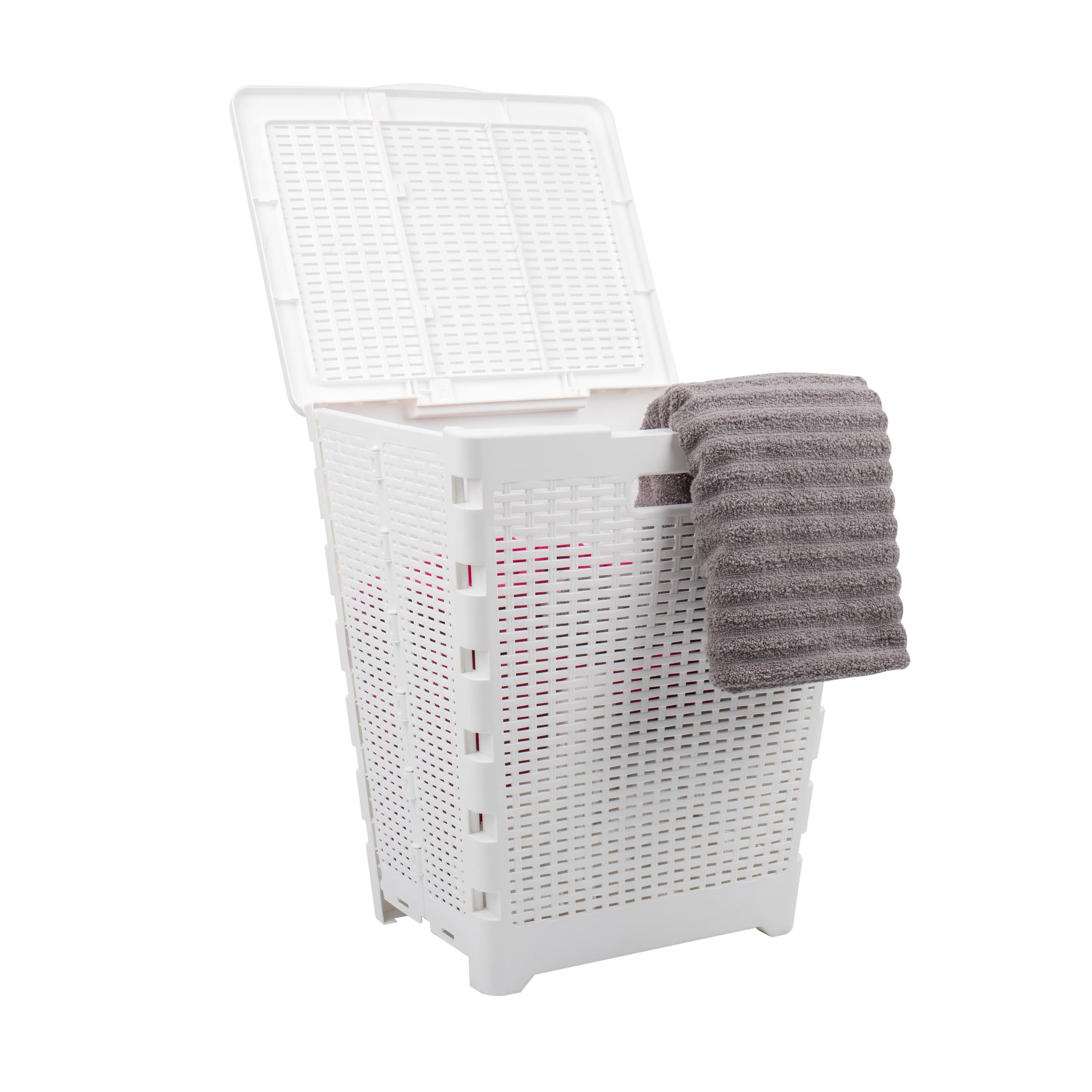 Mind Reader 61L Foldable Laundry Hamper, Clothes Basket, Lid, Wicker Design, Plastic, 18''L X 14.5''W X 21.25''H, White