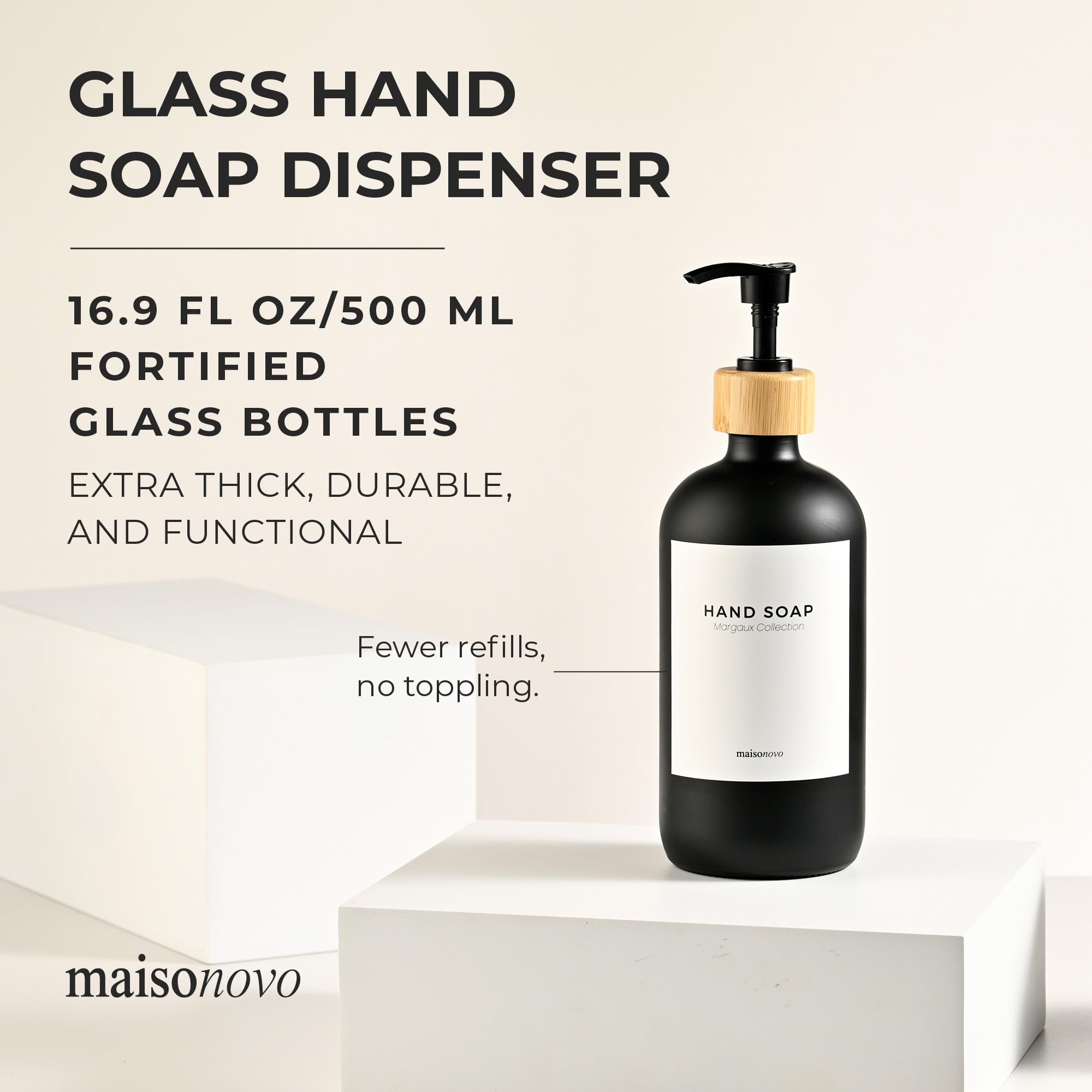 Maisonovo Glass Lotion Dispenser | 16.9 Fl Oz Black Glass Soap Dispenser With Bamboo Pump