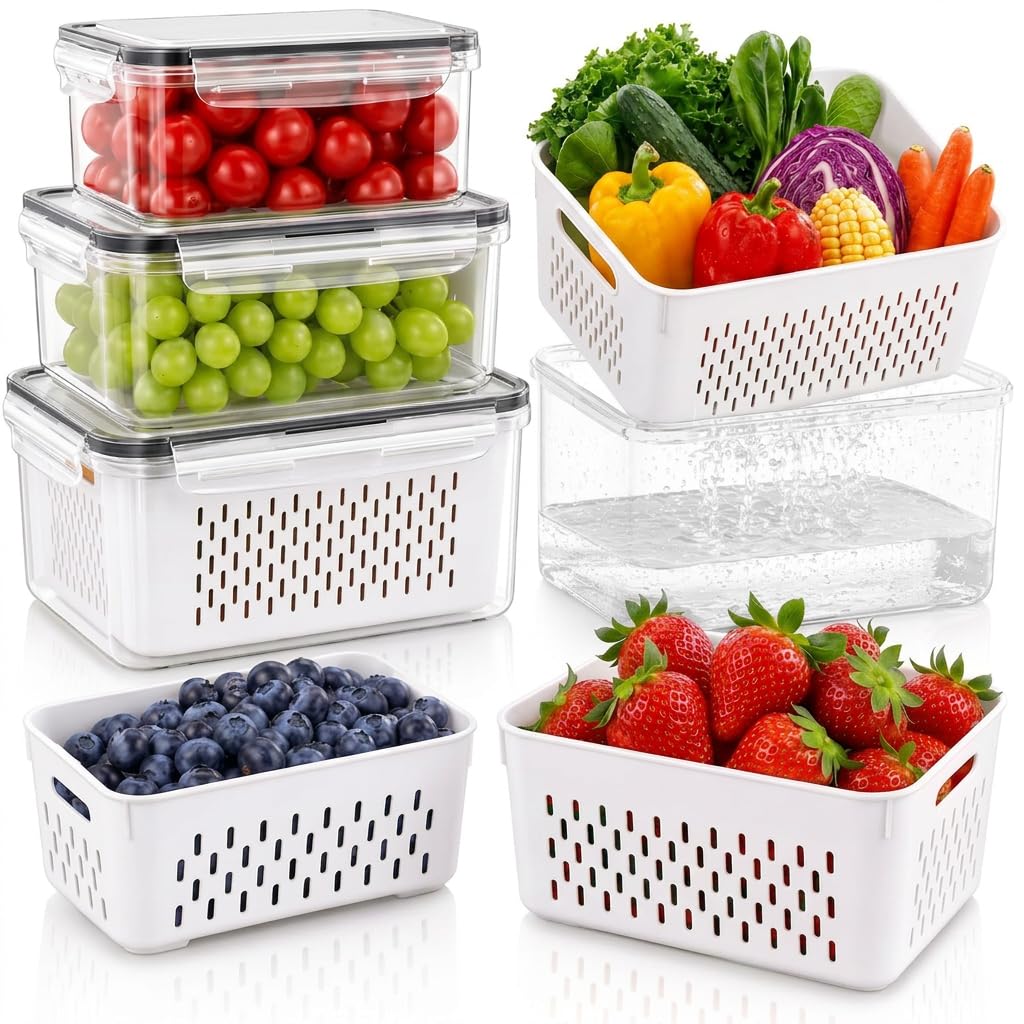 WTXHOP Fruit Storage Containers for Fridge with Lids, Fridge Organizers and Storage Produce Saver Box with Removable Drain Baske