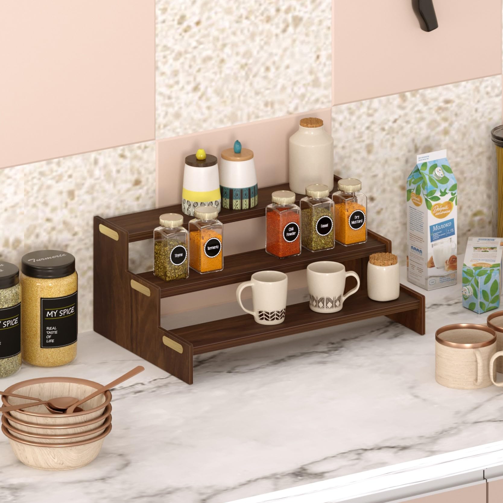 Bluewud Dolvin Ladder Style Engineering Wood Spice Masala Rack Shelf Stand Organizer/Spice Bottle Display Rack & Cup Stand For H