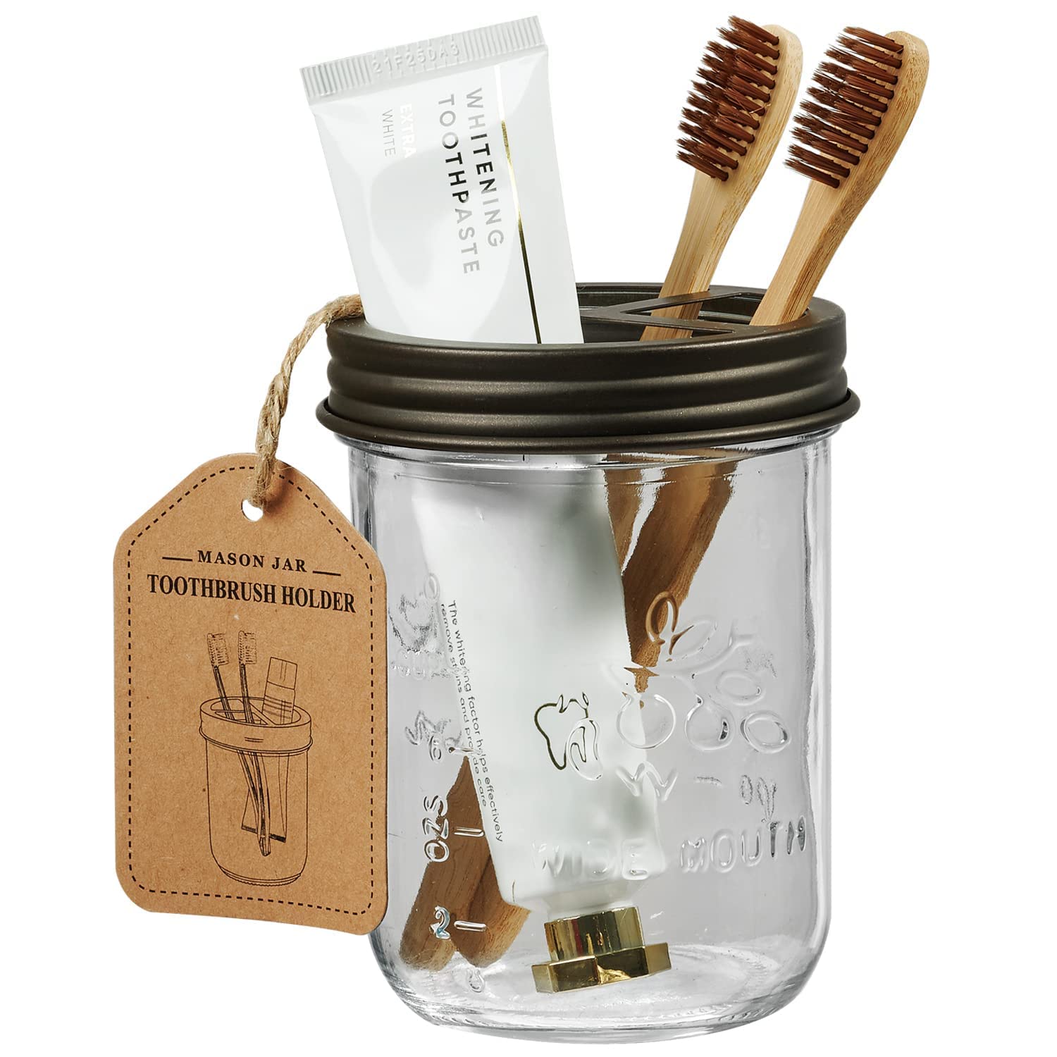 Amolliar Mason Jar Toothbrush Holder- Rustproof Stainless Steel - Holds 2 Toothbrushes And Toothpaste,With Chalkboard Labels - F