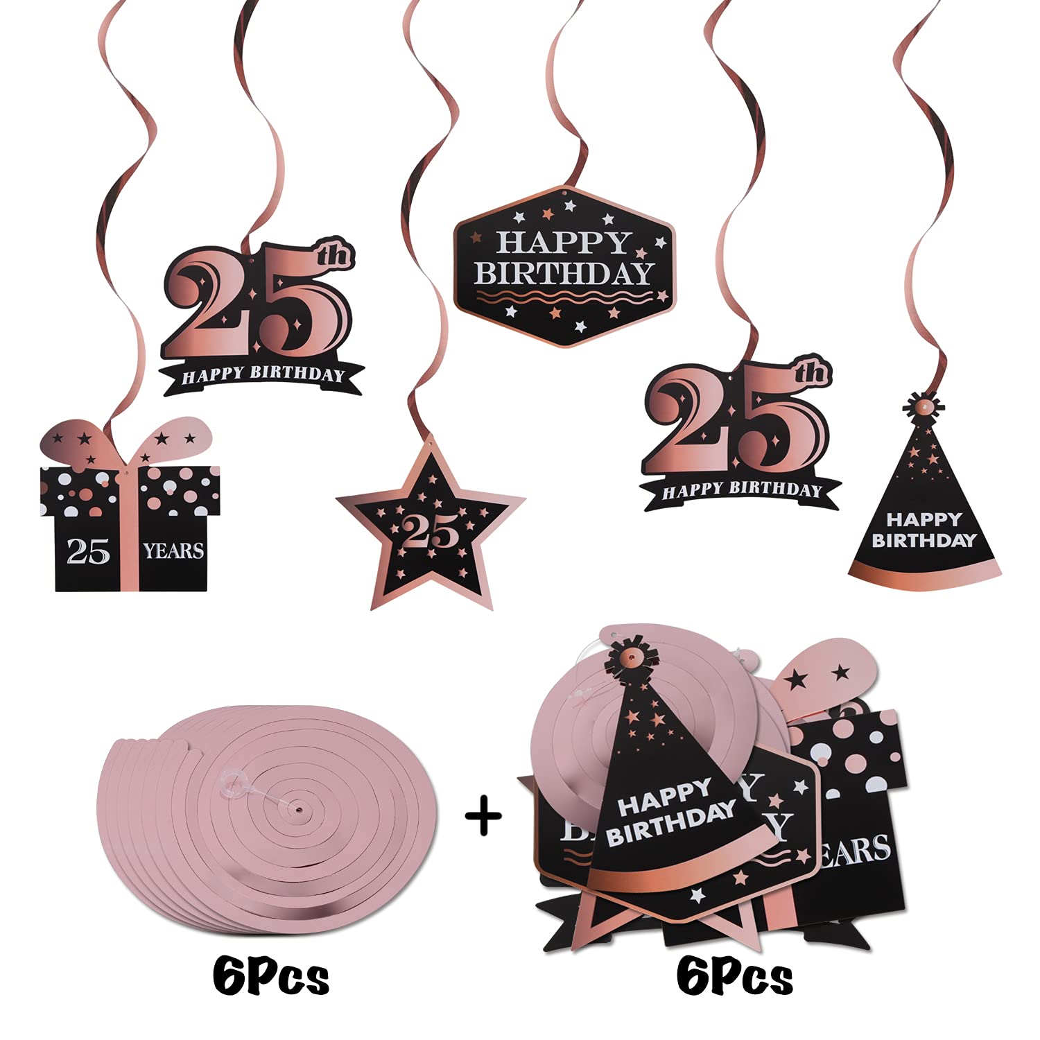Lingteer Happy 25Th Birthday Decorations,25Th Birthday Black With Rose Swirls Hanging Streamer Kit,Cheers To 25 Years Old Bday F