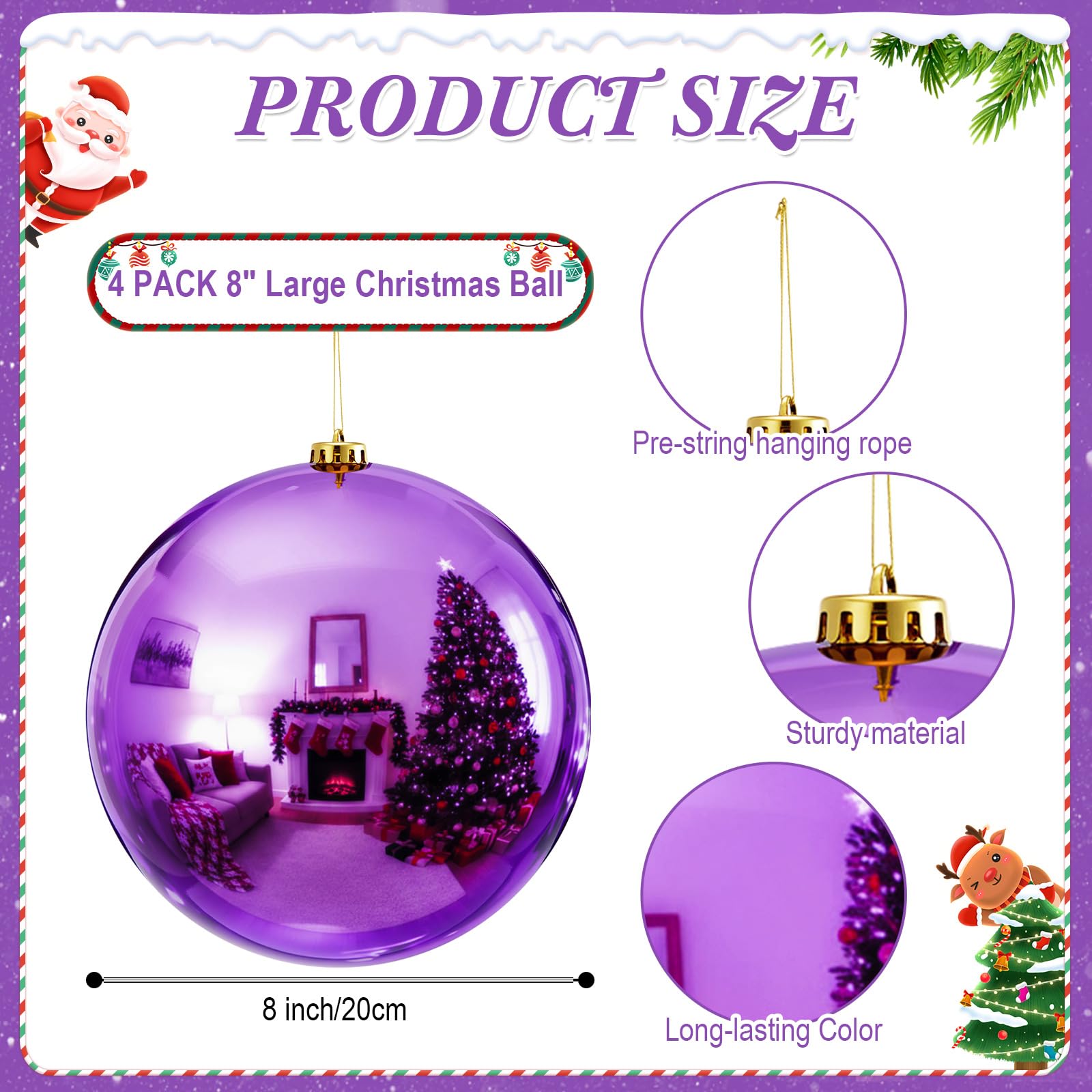 Zubebe 4 Pcs Extra Large Christmas Ball Ornaments 8'' (200 Mm) Giant Oversized Plastic Xmas Ball Big Hanging Christmas Tree Orna