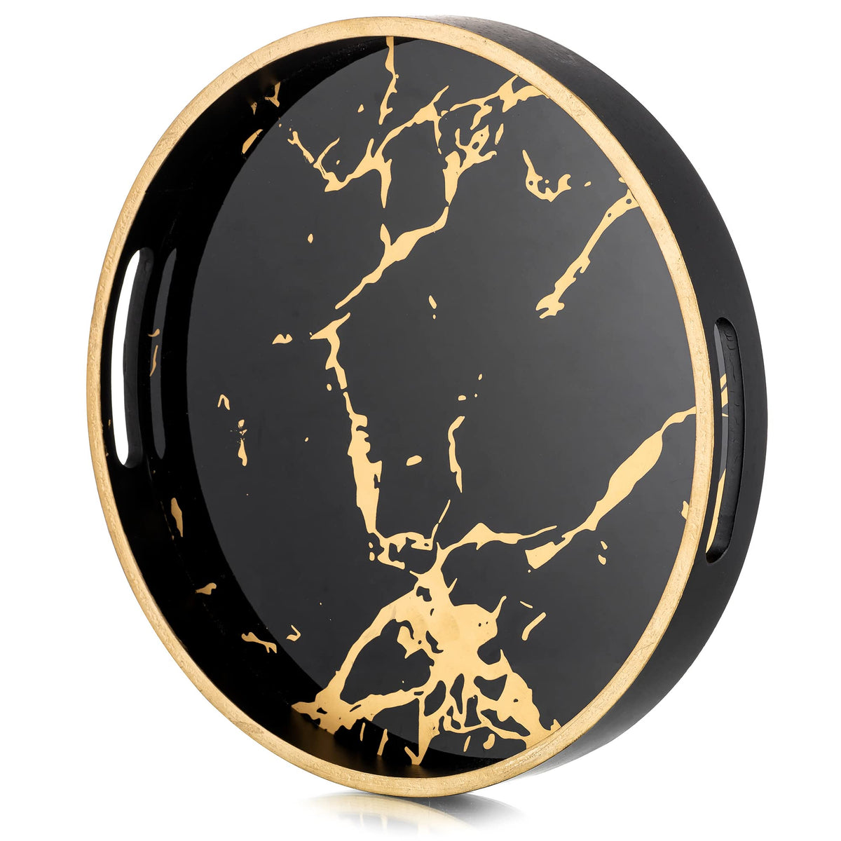 Hanobe Round Decorative Coffee Tray: Marble Pattern Serving Circle Tray With Handles Coffee Table Trays For Living Room Bar Drin