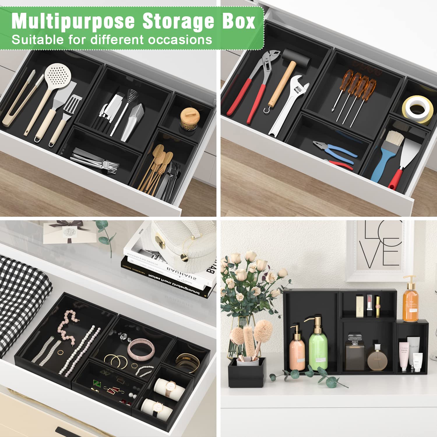 Black Bamboo Bathroom Drawer Organizer, Wooden Kitchen Utensil Holder Set of 5, Stackable Junk Drawer Organizer Tray, Multi-Use