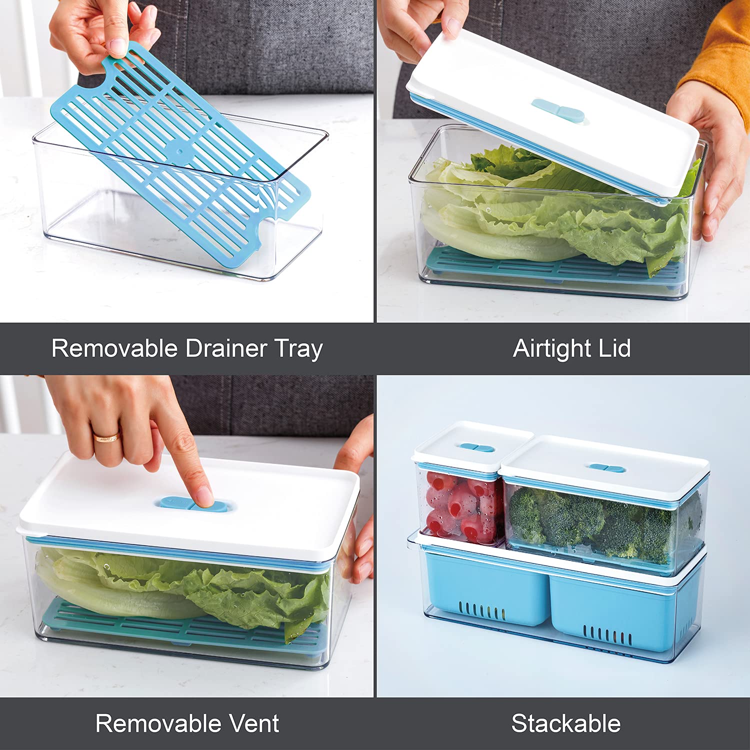 Lille Home Stackable Produce Saver, Organizer Bins/Storage Containers With Removable Drain Tray, Set Of 3, For Refrigerators, Ca