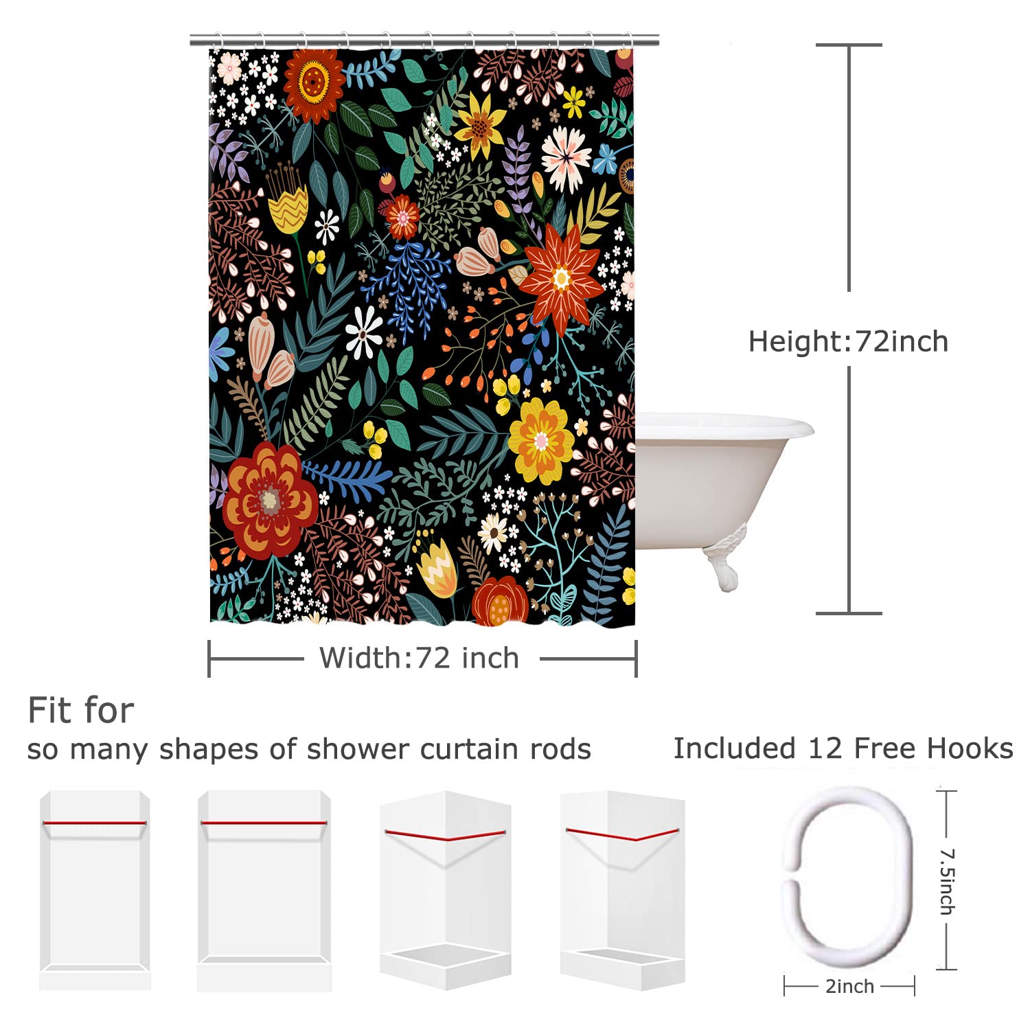 Livilan Black Floral Shower Curtain For Bathroom Flower Shower Curtain Dark Shower Curtains Colorful Unique Boho Shower Curtain