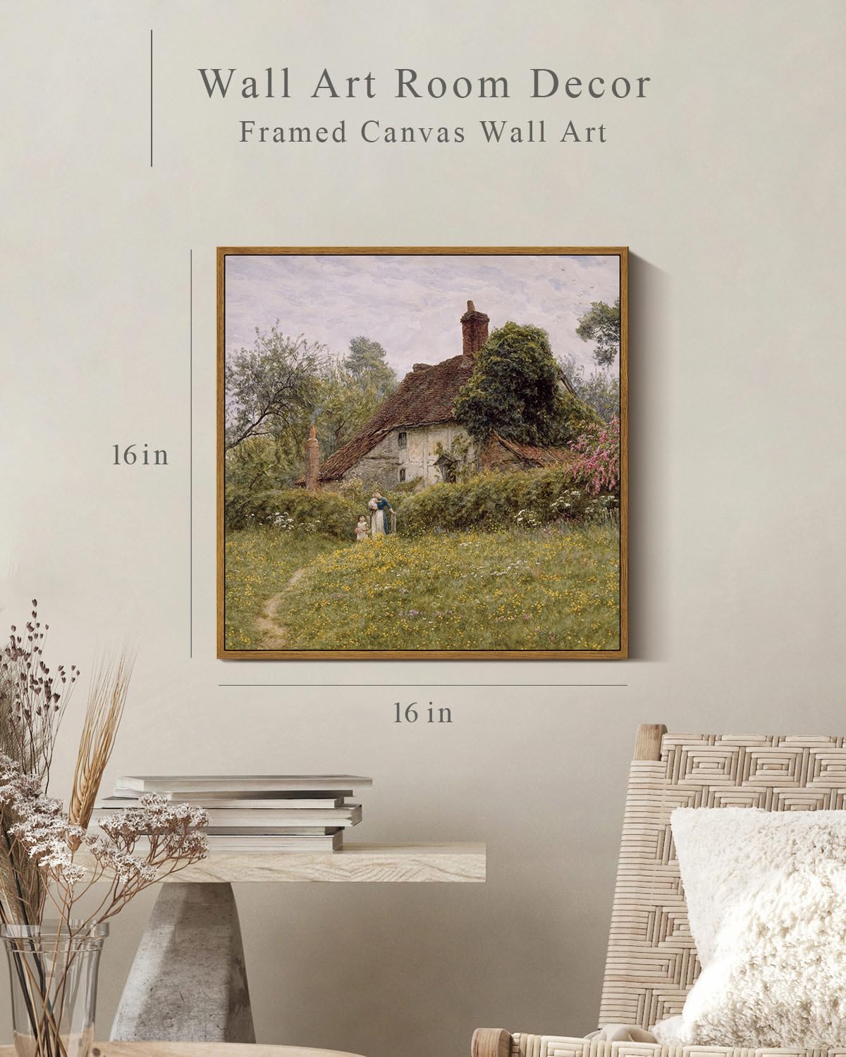 Insimsea Square Framed Canvas Wall Art, Vintage Landscape Prints Old Cottages Countryside Landscape Large Canvas Wall Art, Rusti
