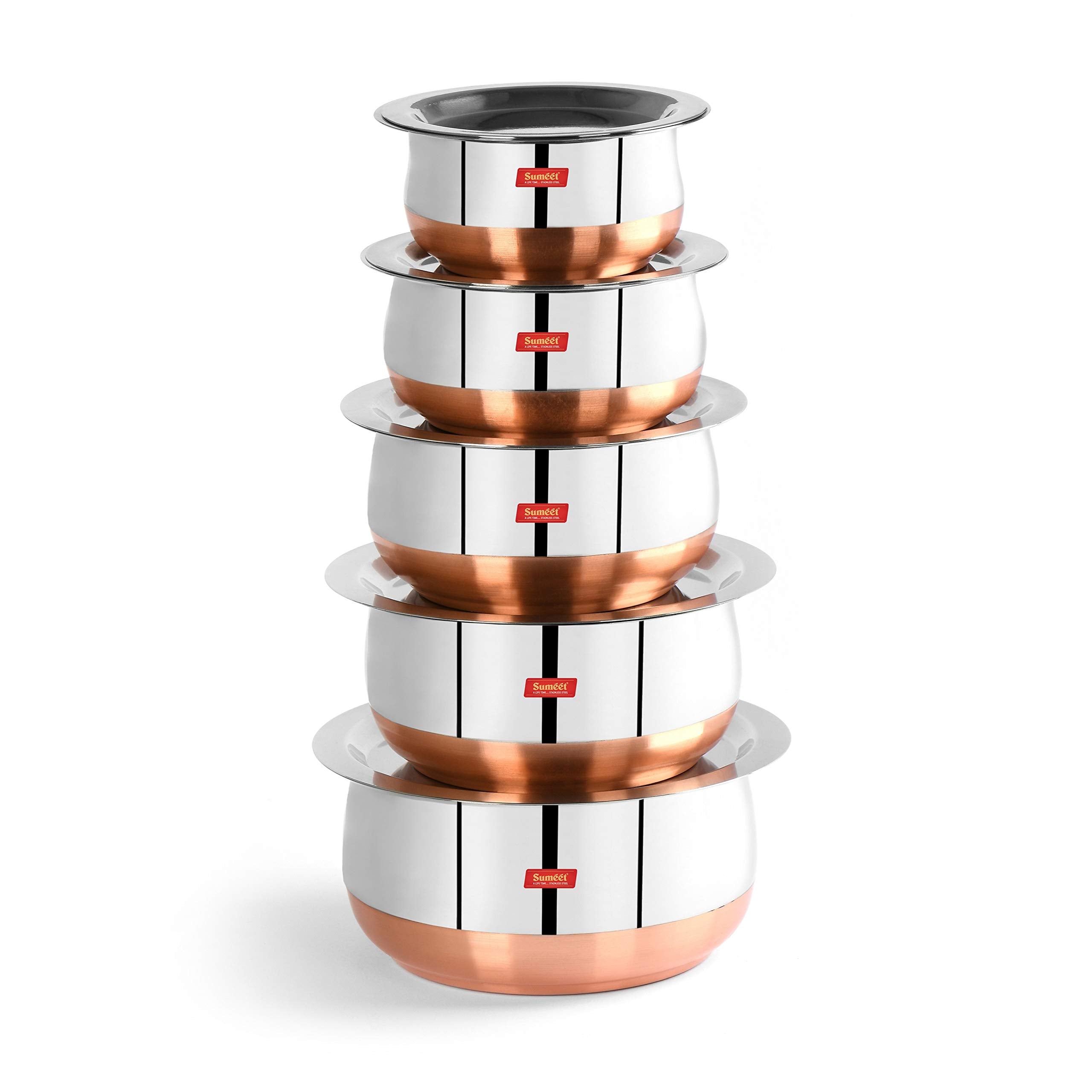 Sumeet Stainless Steel Copper Bottom Belly Shape 5 Pc Tope Cookware Pot Set with Lid 1.1Ltr  1.4Ltr 1.75Ltr  2.4Ltr  3Liters (Silver)